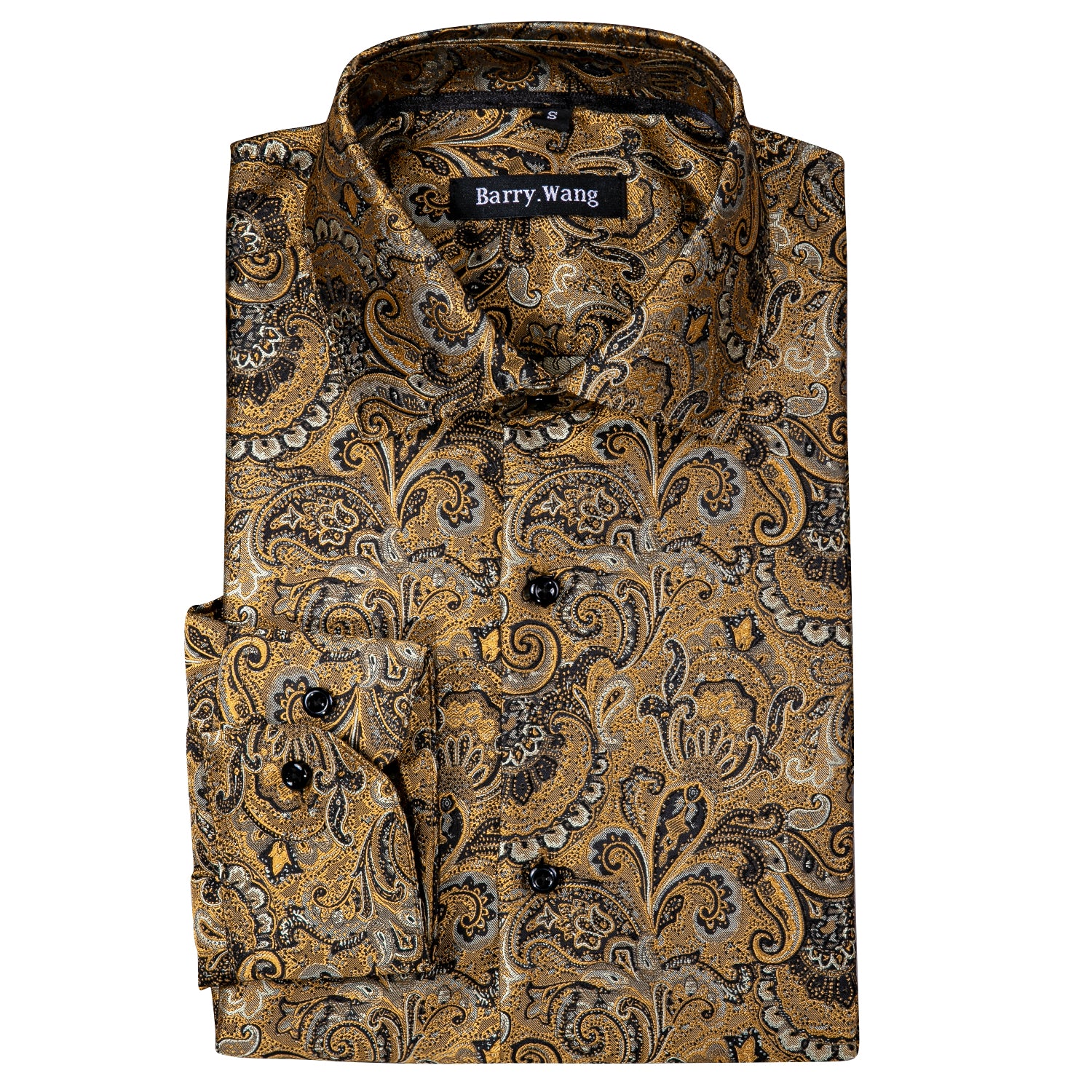 Barry. Wang Mens Gold Dress Shirt Paisley Silk Long Sleeve Button Down Shirt, S Barry. Wang Mens Gold Dress Shirt Paisley Silk Long Sleeve Button Down Shirt, S