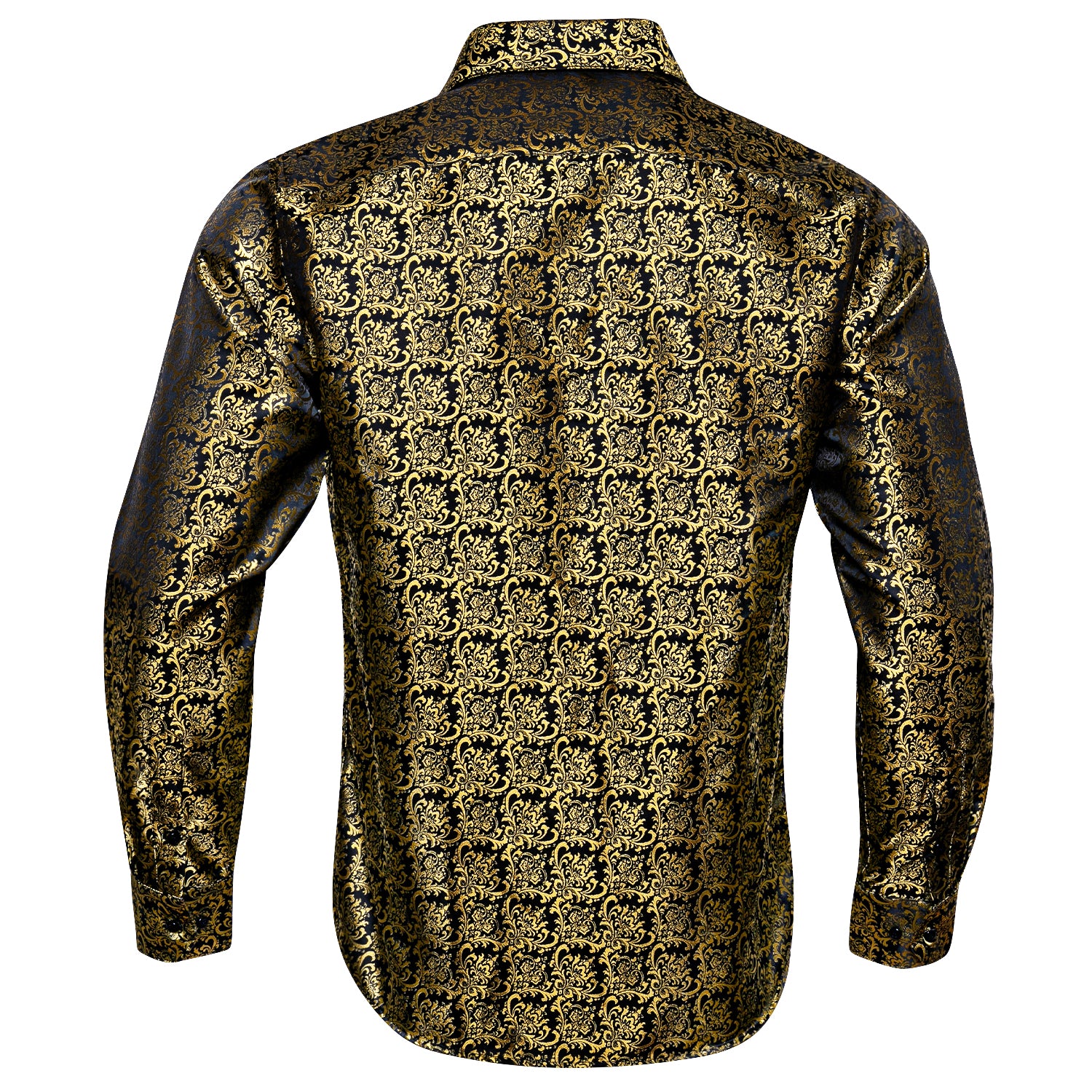 Barry.wang New Fashionable Black Golden Silk Floral Long Sleeve Men's Shirt
