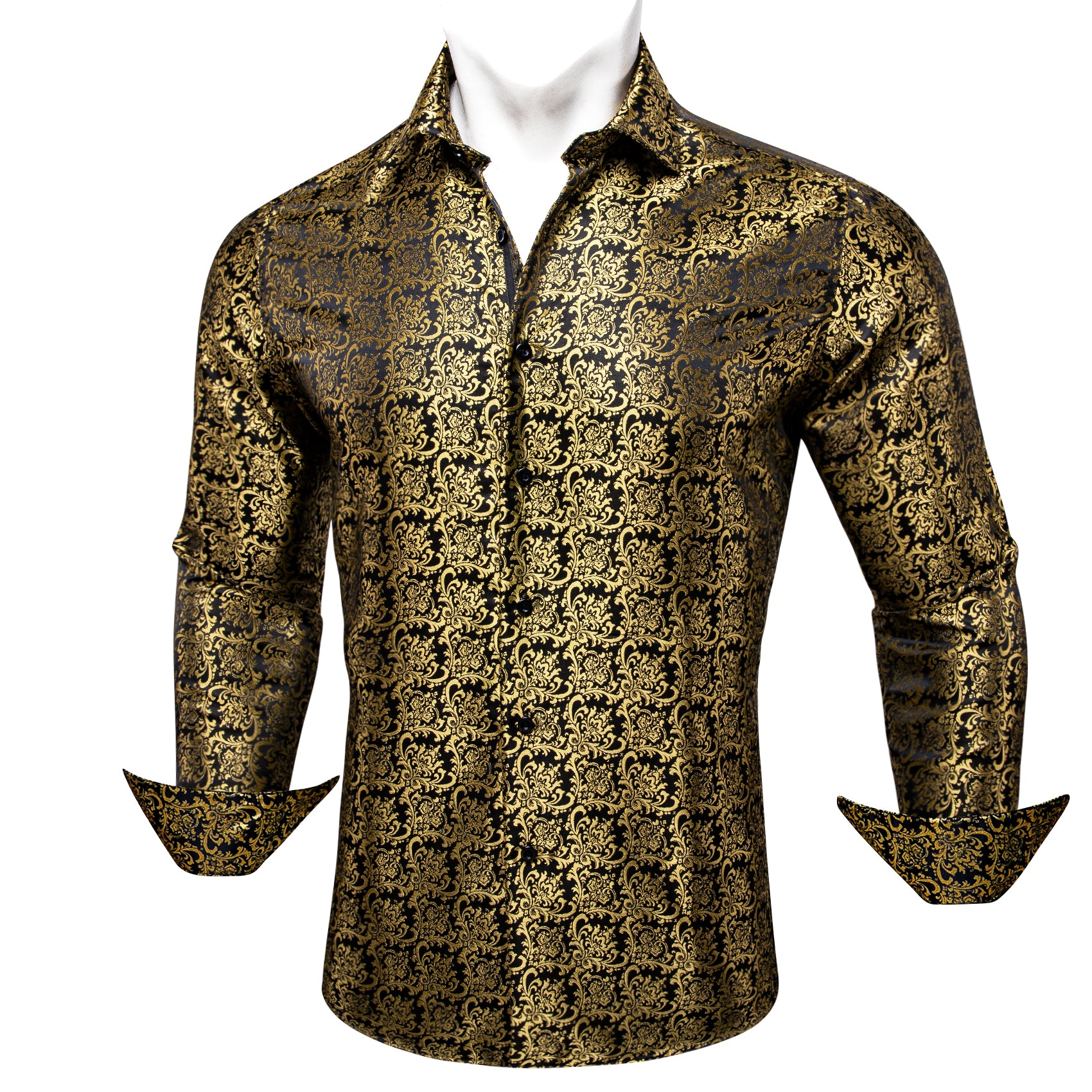 Barry.wang New Fashionable Black Golden Silk Floral Long Sleeve Men's Shirt