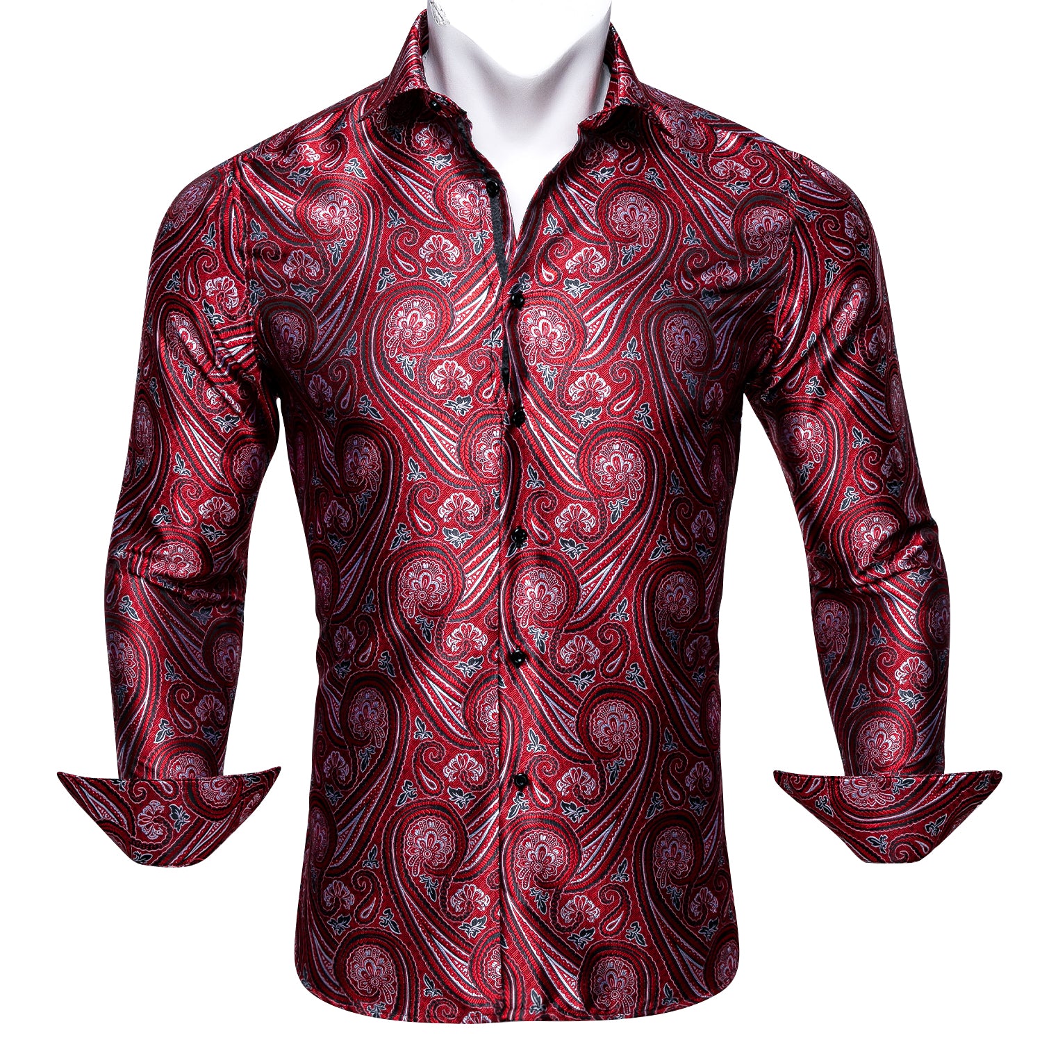 Barry.wang New Fashionable Red Paisley Silk Long Sleeve Men's Shirt