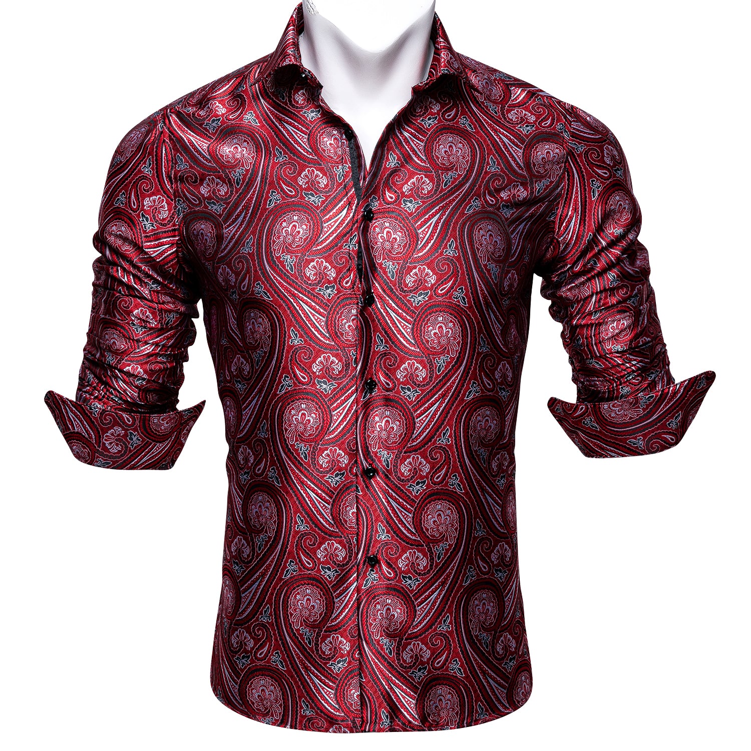 Barry.wang New Fashionable Red Paisley Silk Long Sleeve Men's Shirt