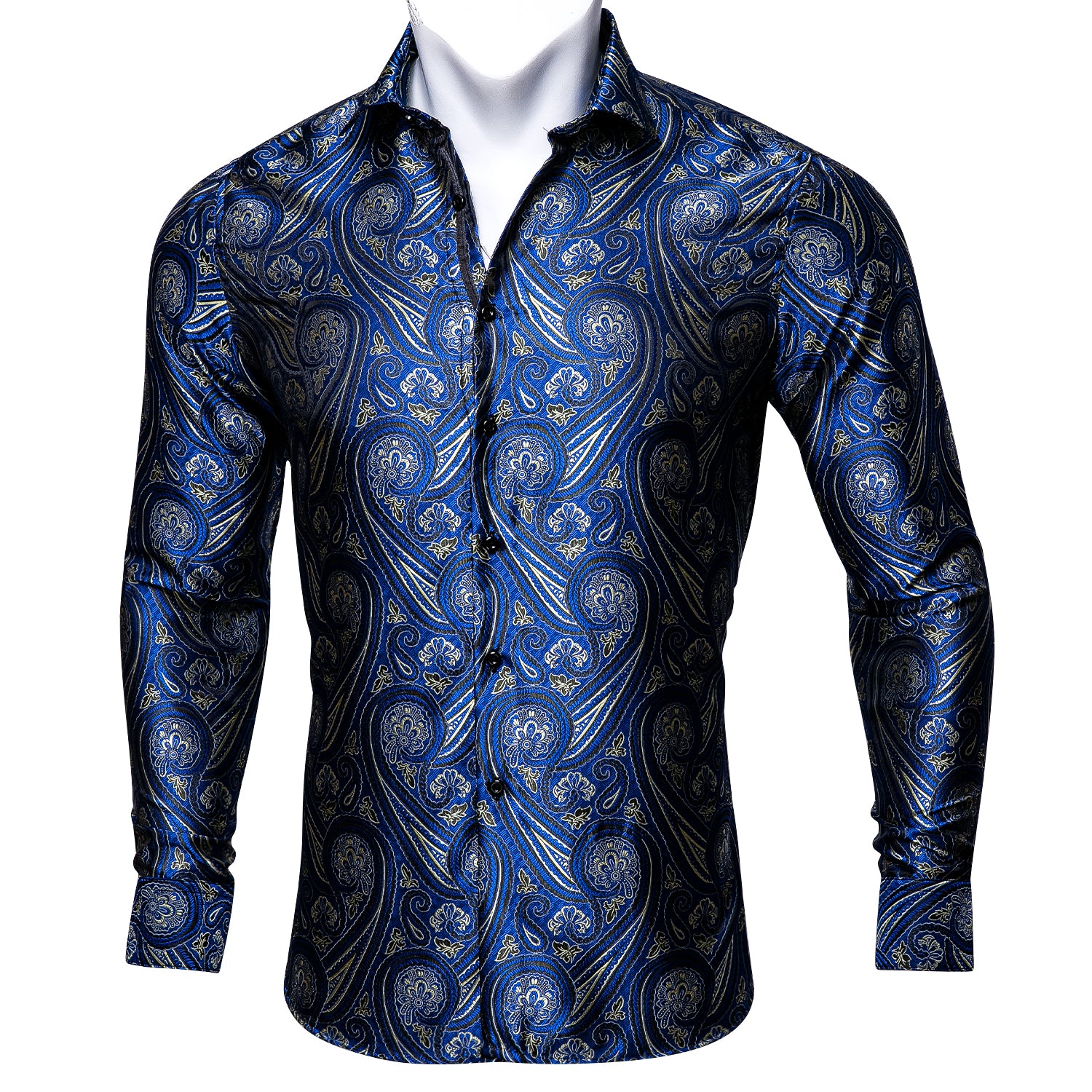 Barry.wang Plus Size Blue Silk Paisley Tribal Long Sleeve Men's Shirt