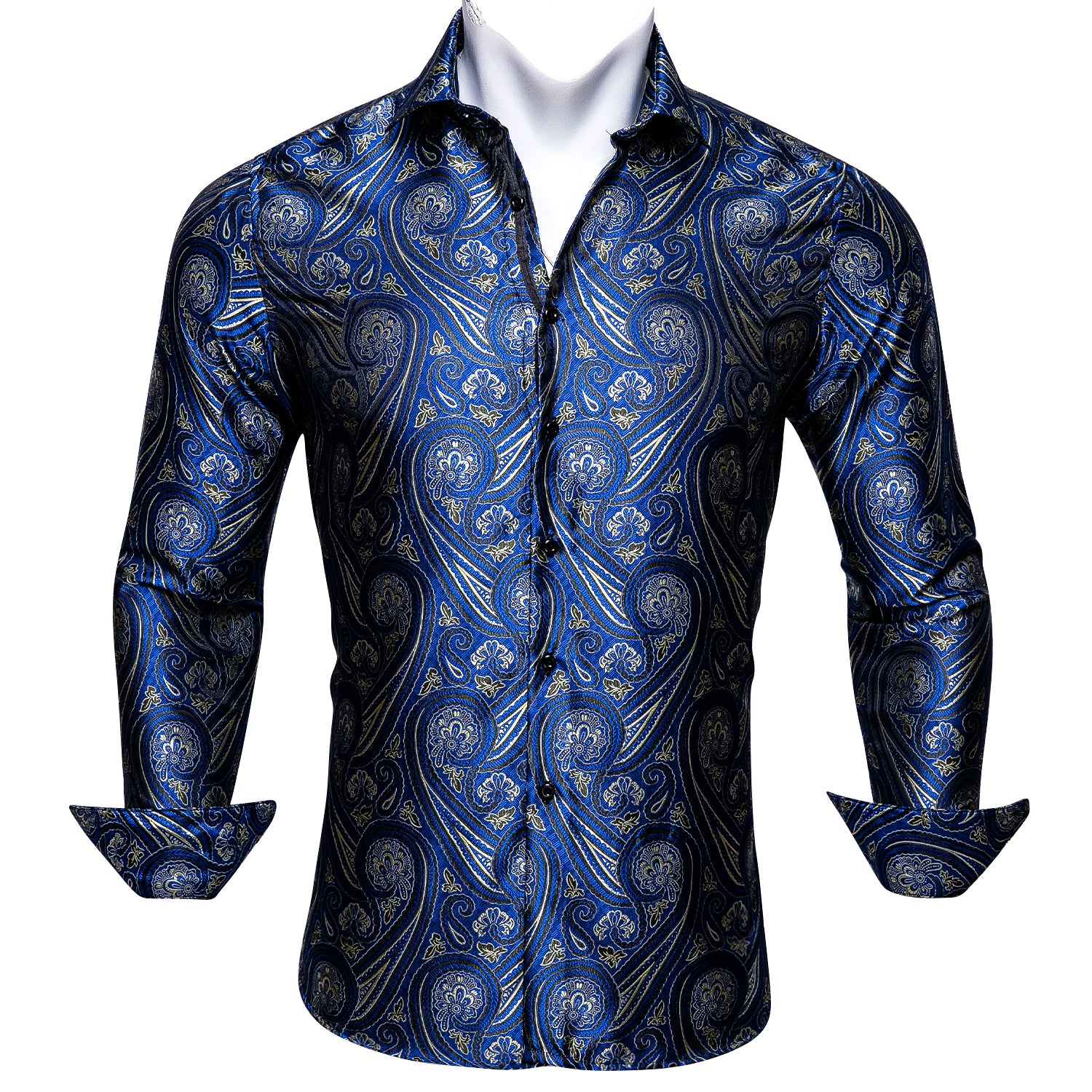 Barry.wang New Plus Size Blue Silk Paisley Tribal Long Sleeve Men's Shirt