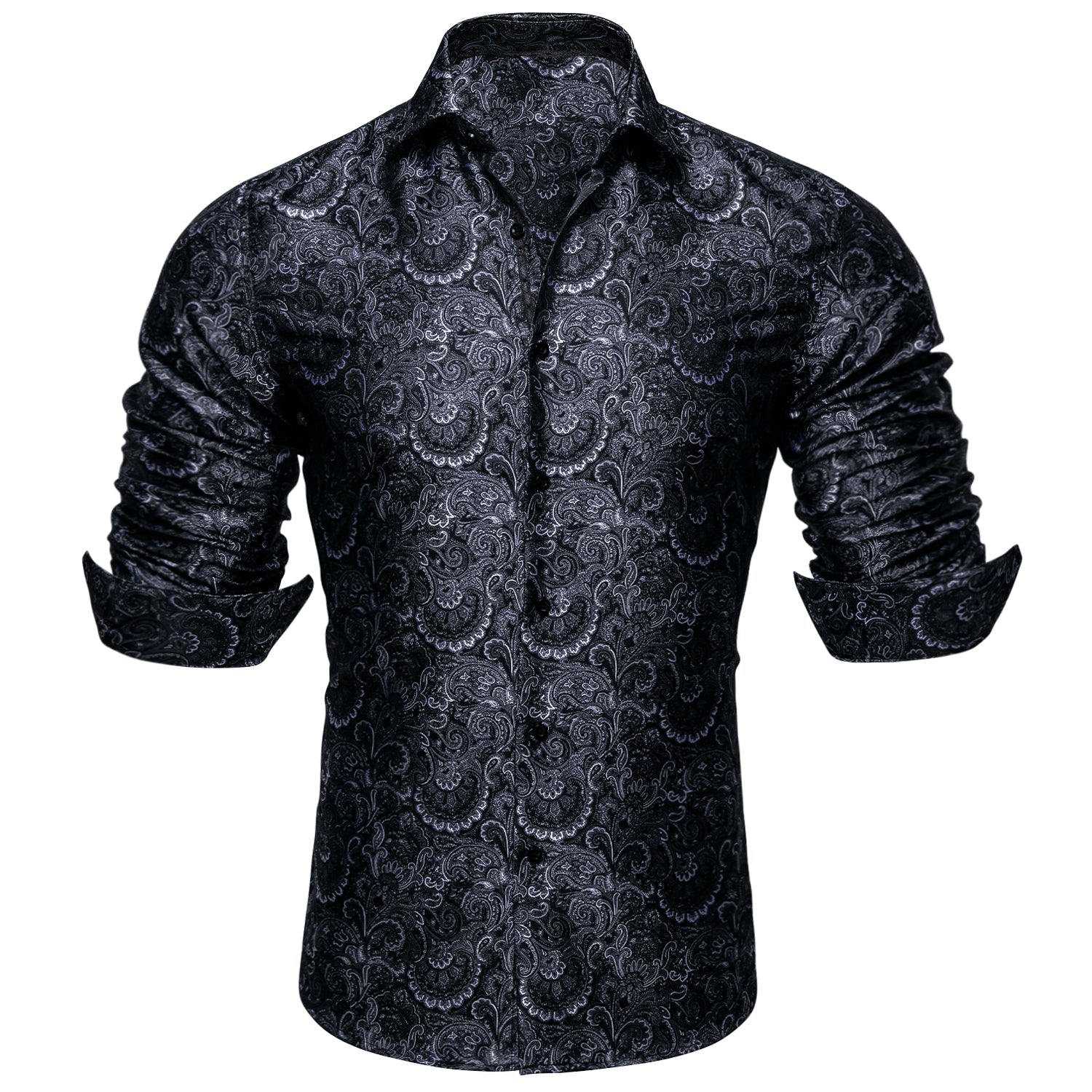 Barry.wang New Classic Grey Silk Paisley Tribal Long Sleeve Daily Slim-fit Men's Shirt