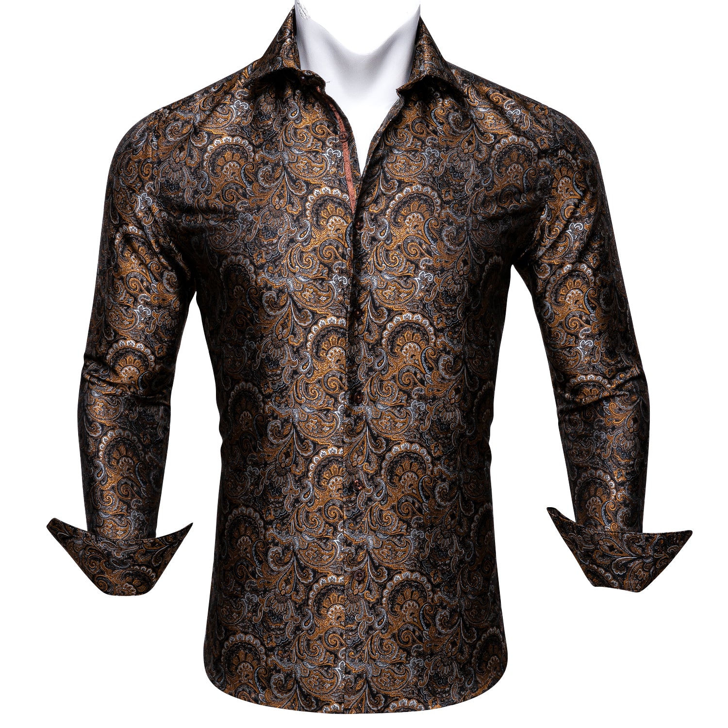 Barry.wang Fashionable Black Golden Silk Paisley Tribal Long Sleeve Daily Tops Men's Shirt
