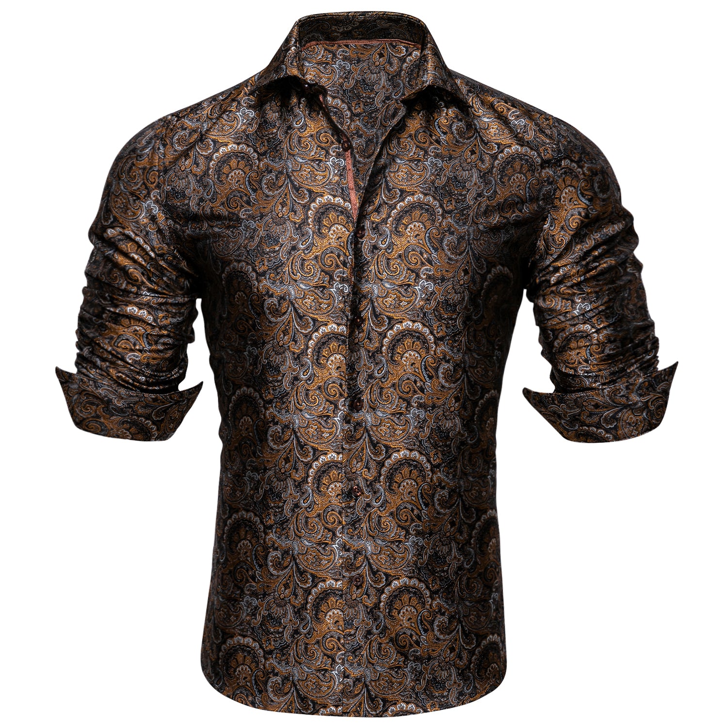 Barry.wang Fashionable Black Golden Silk Paisley Tribal Long Sleeve Daily Tops Men's Shirt