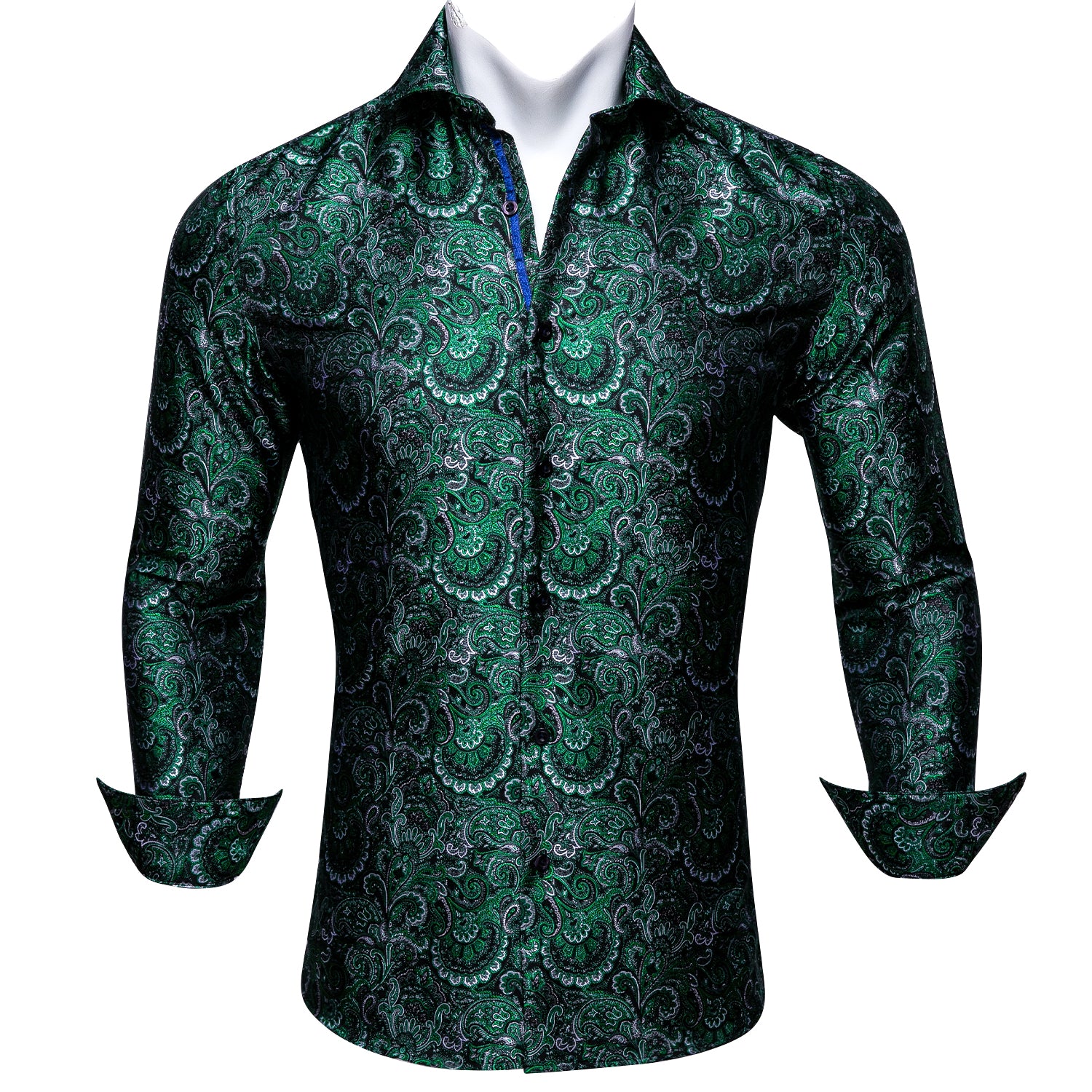 Barry.wang New Green Silk Paisley Tribal Long Sleeve Daily Slim Fit Men's Shirt