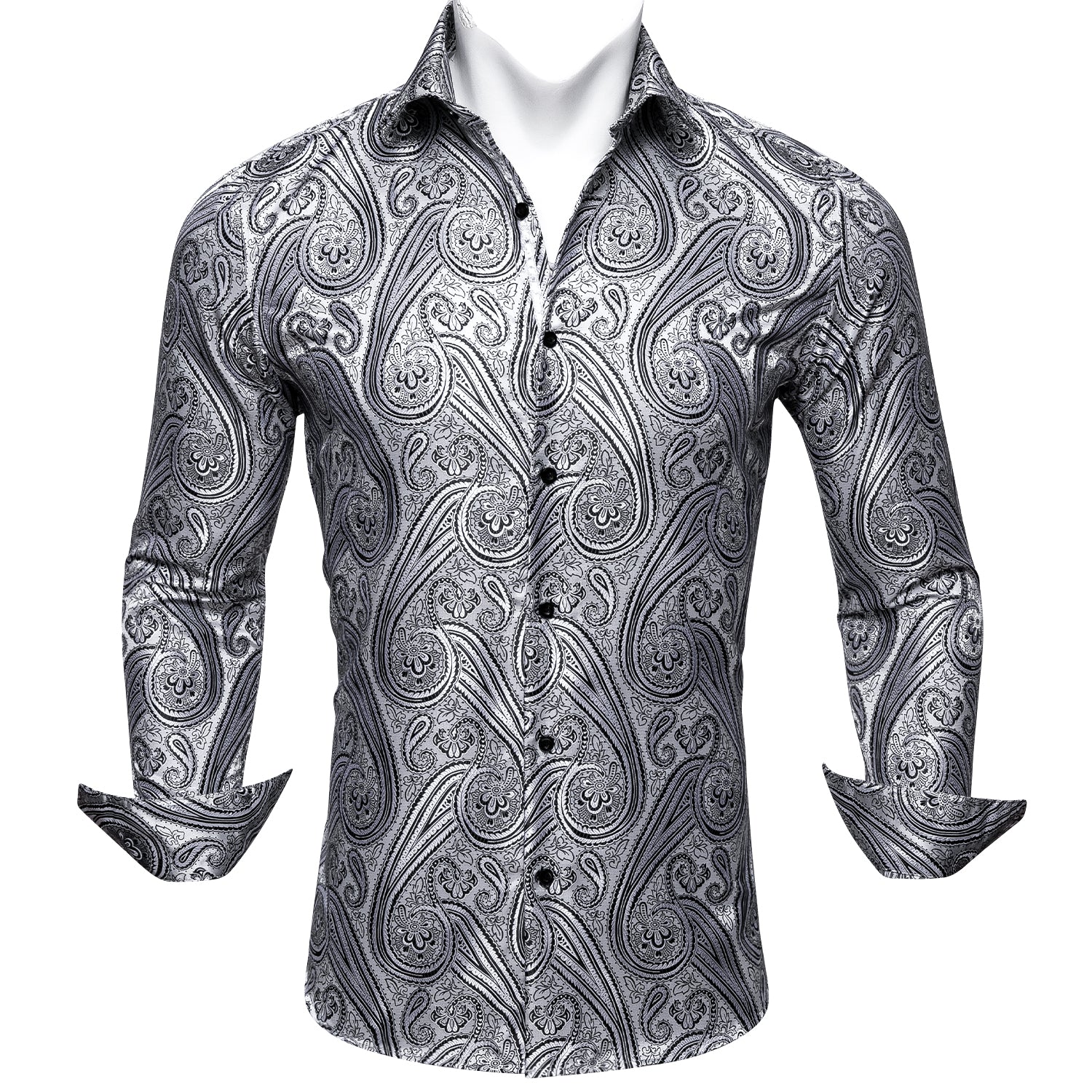 Barry.wang Classic Silver Silk Paisley Tribal Long Sleeve Daily Slim Fit Men's Shirt