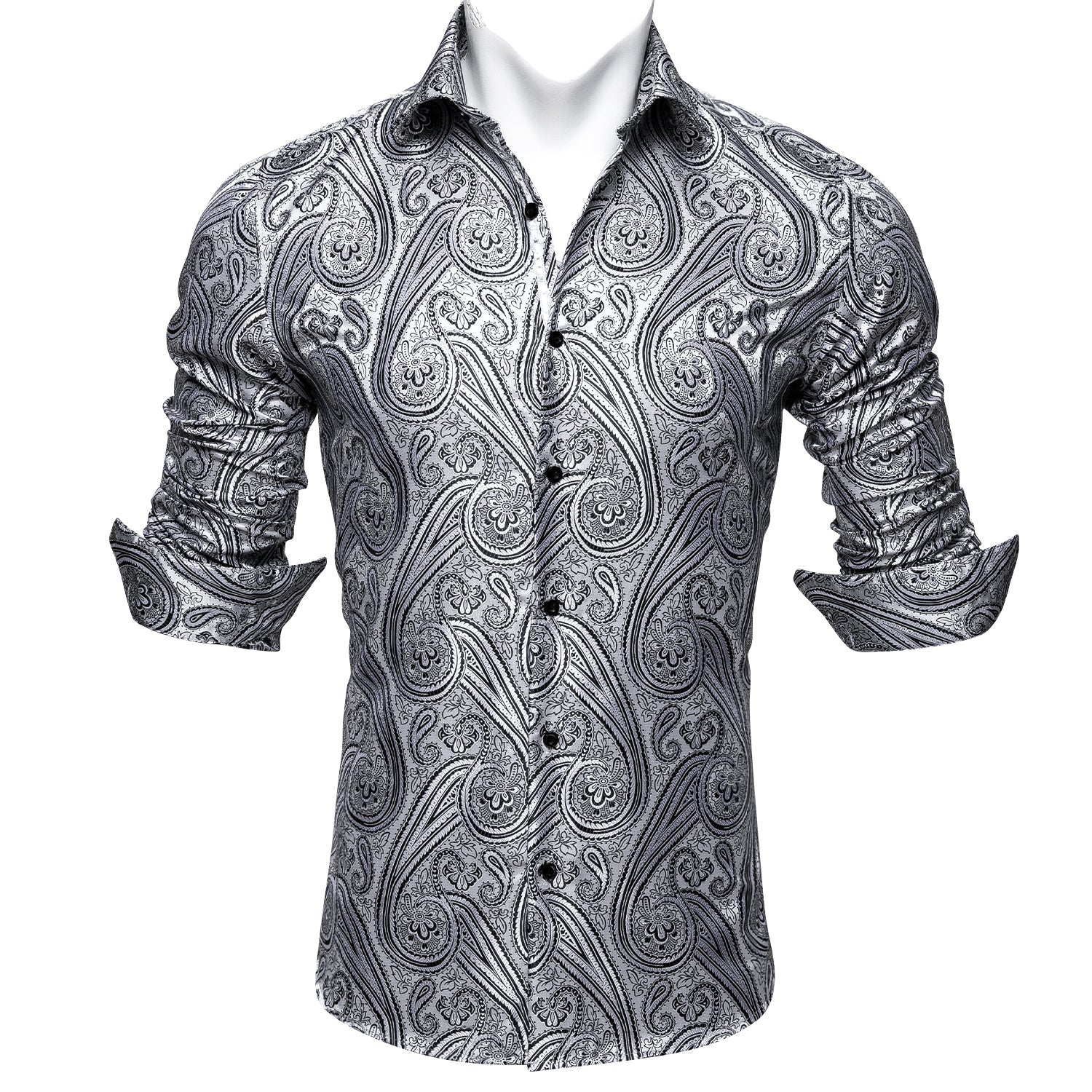 Barry.wang Classic Silver Silk Paisley Tribal Long Sleeve Daily Slim Fit Men's Shirt