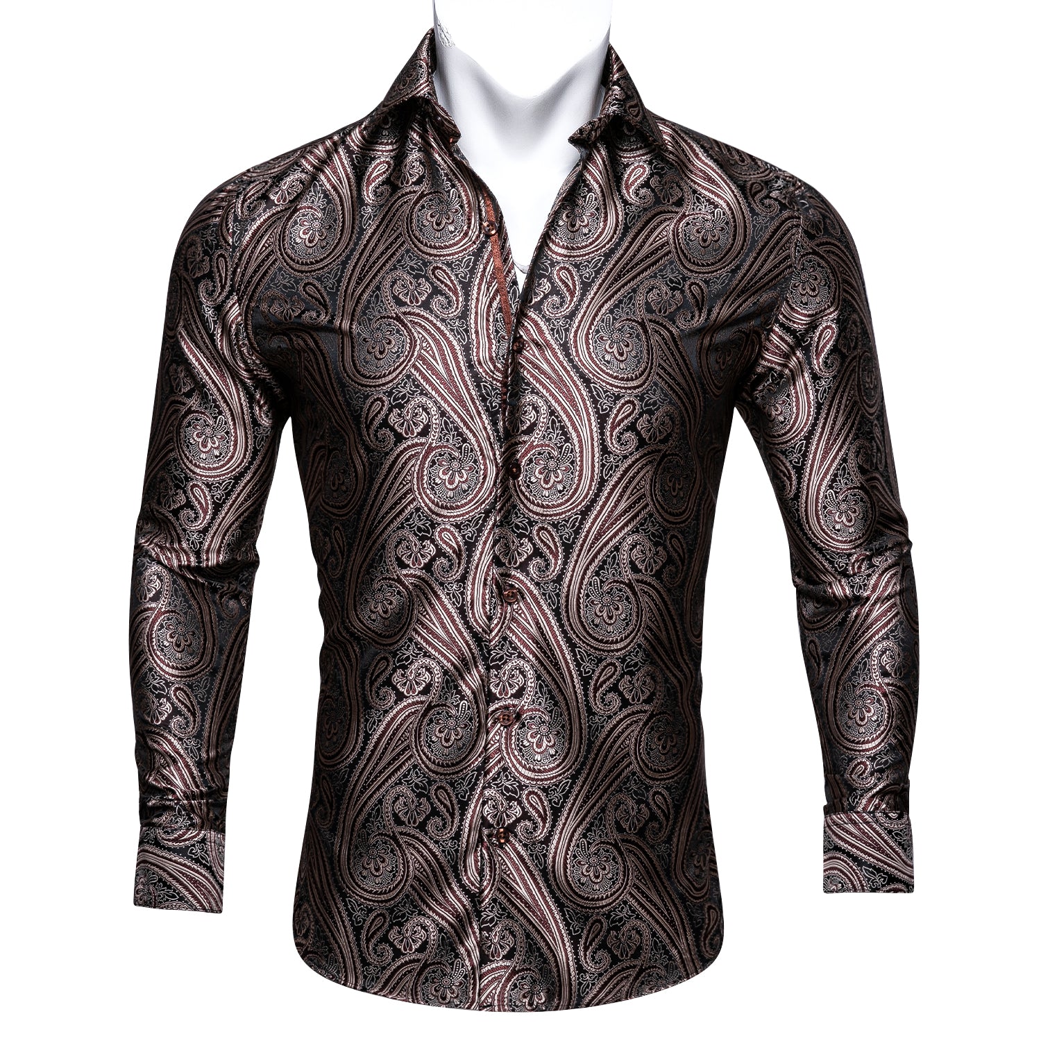 Barry.wang New Brown Black Silk Paisley Tribal Long Sleeve Daily Tops Men's Shirt