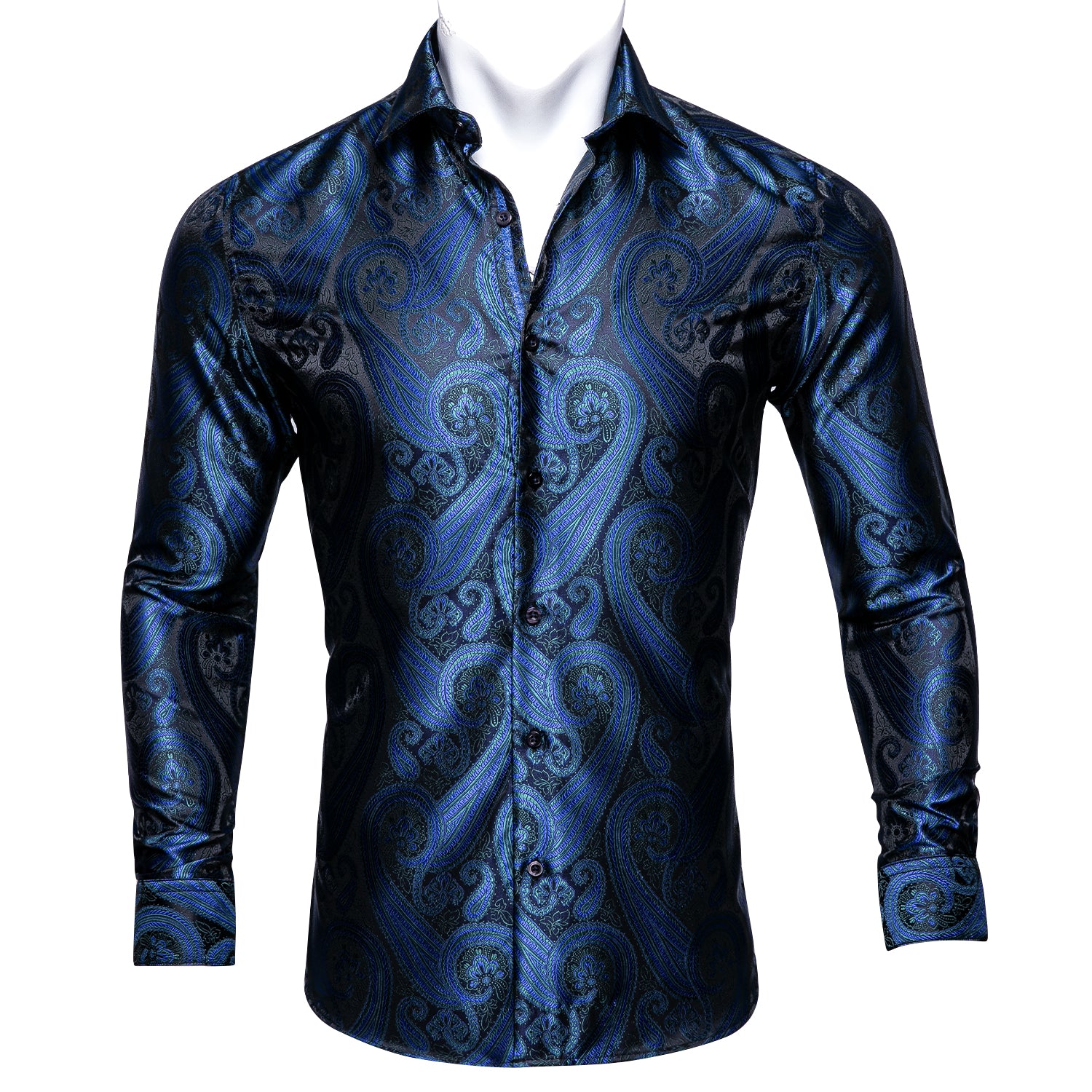 Barry Wang DeepBlue Silk Paisley Long Sleeve Daily Slim Fit Mens Shirt