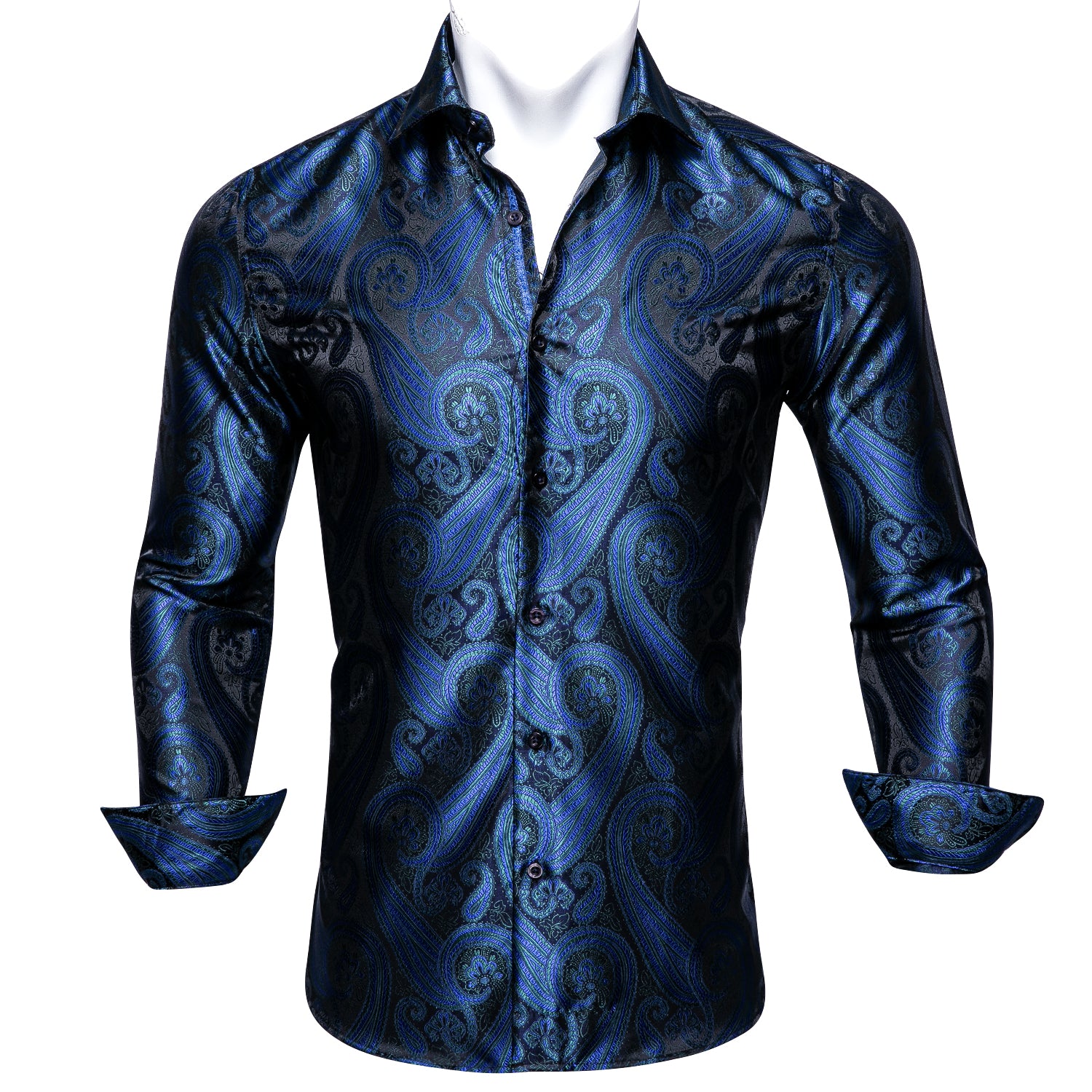 Barry.wang Deep Blue Silk Paisley Tribal Long Sleeve Daily Slim Fit Men's Shirt