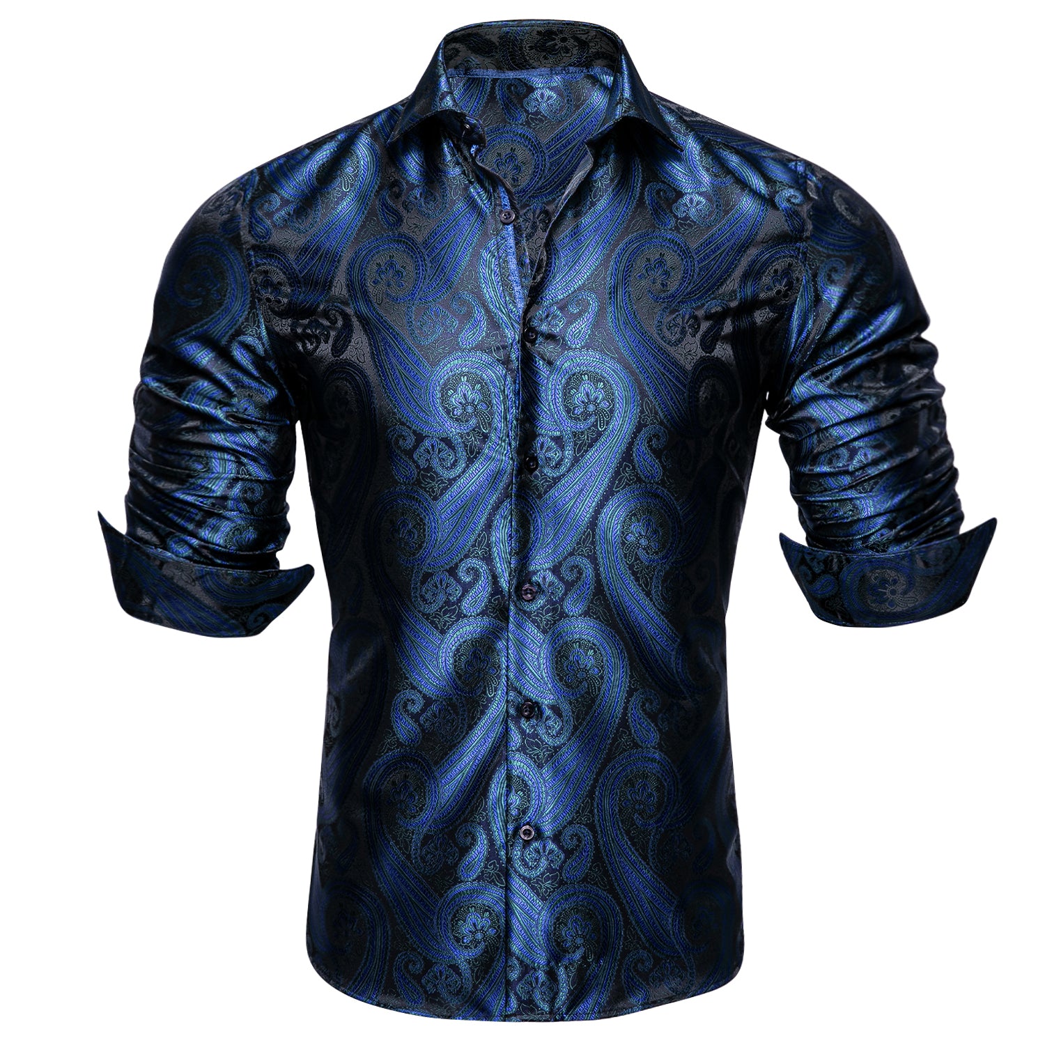 Barry.wang Deep Blue Silk Paisley Tribal Long Sleeve Daily Slim Fit Men's Shirt