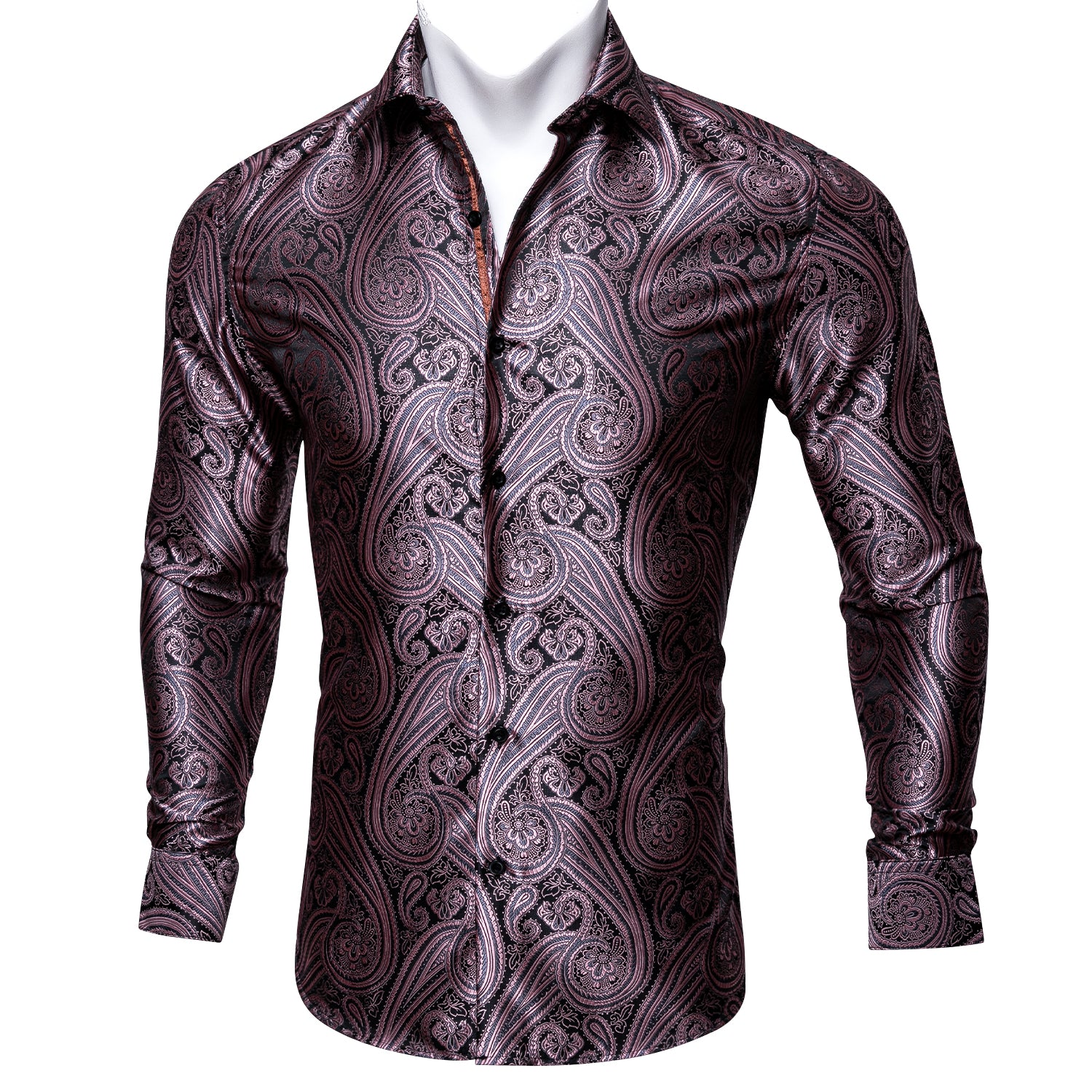 Barry.wang Men's Shirt Black Purple Shining Woven Paisley Silk Shirt