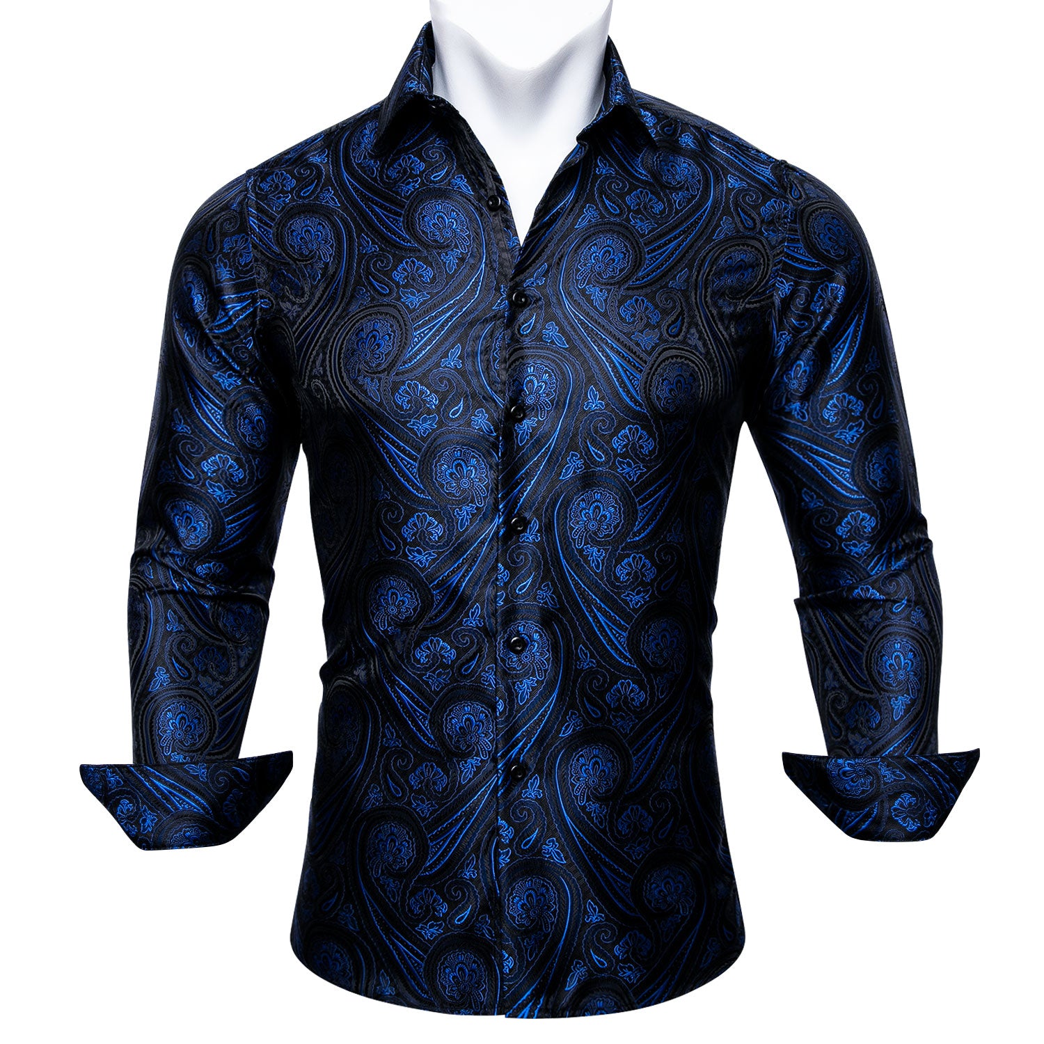 Barry.wang New Blue Paisley Silk Tribal Long Sleeve Daily Plus Size Men's Shirt