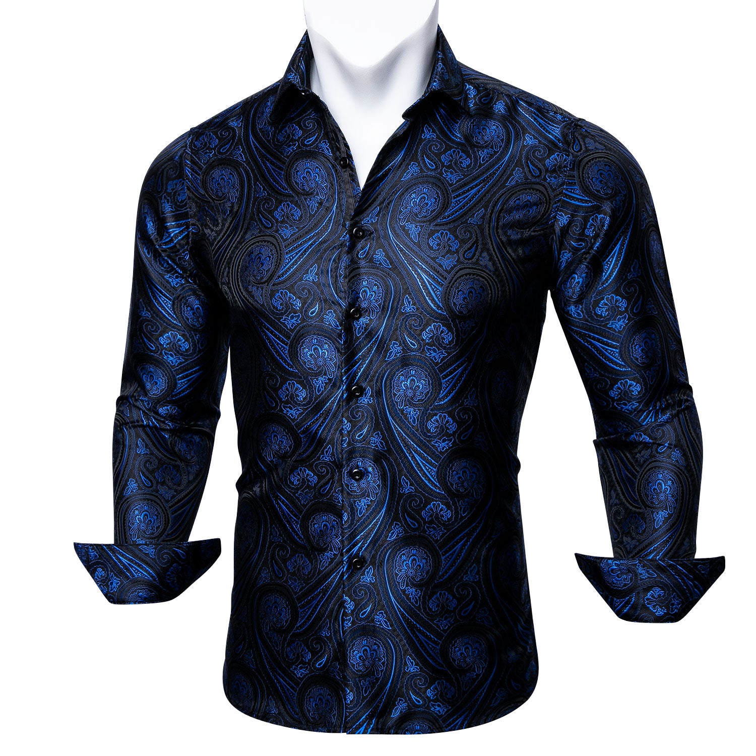 Barry.wang Blue Paisley Silk Tribal Long Sleeve Daily Plus Size Men's Shirt