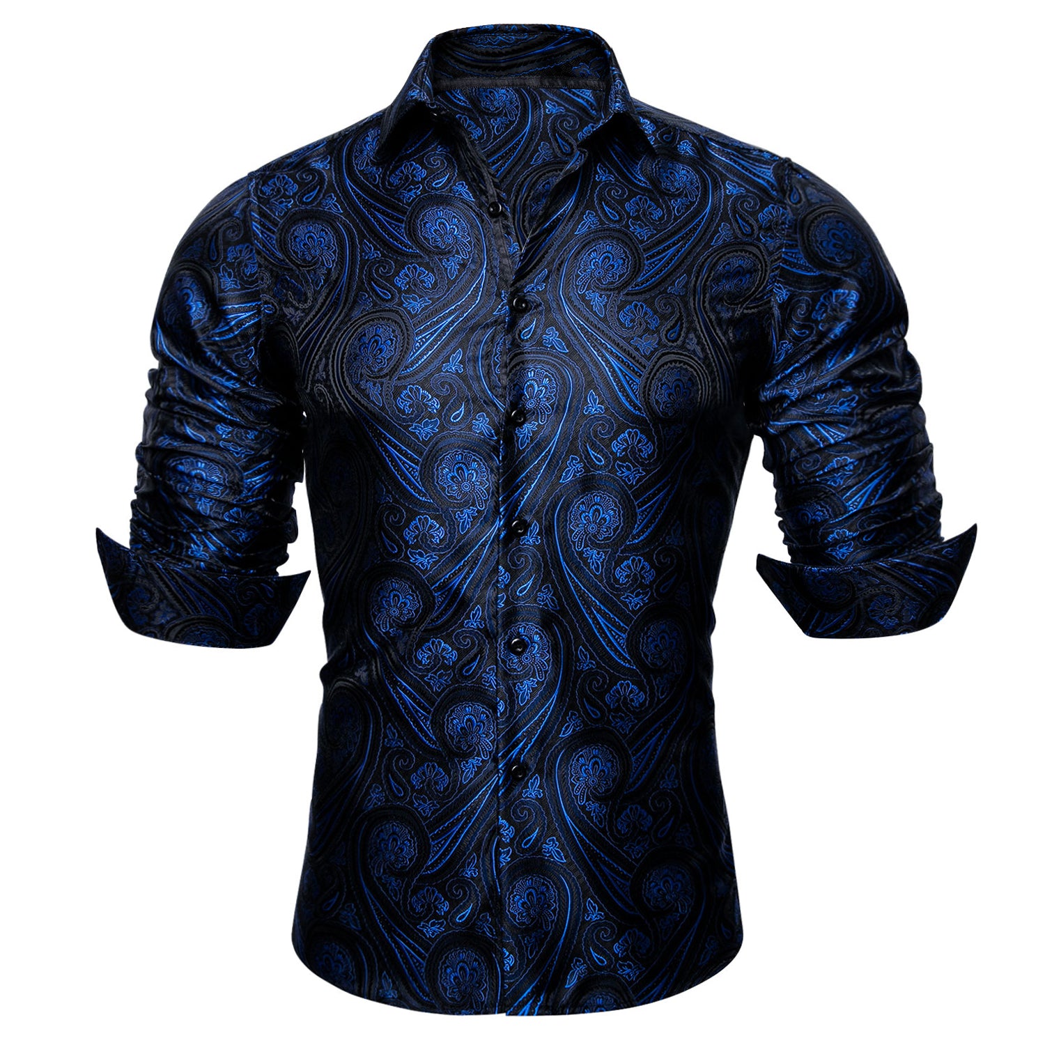 Barry.wang New Blue Paisley Silk Tribal Long Sleeve Daily Plus Size Men's Shirt