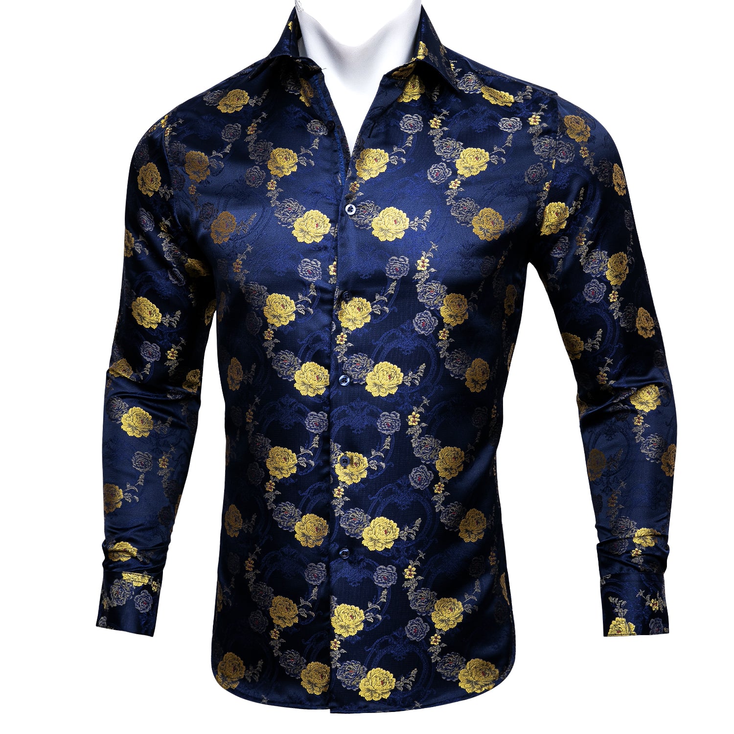Barry.wang New Blue Yellow Flower Silk Paisley Tribal Long Sleeve Daily Slim Fit Men's Shirt