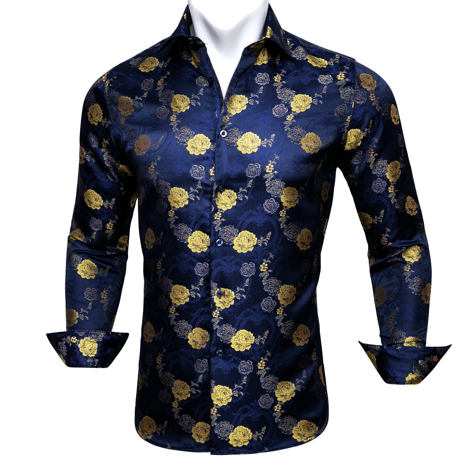 Barry.wang New Blue Yellow Flower Silk Paisley Tribal Long Sleeve Daily Slim Fit Men's Shirt