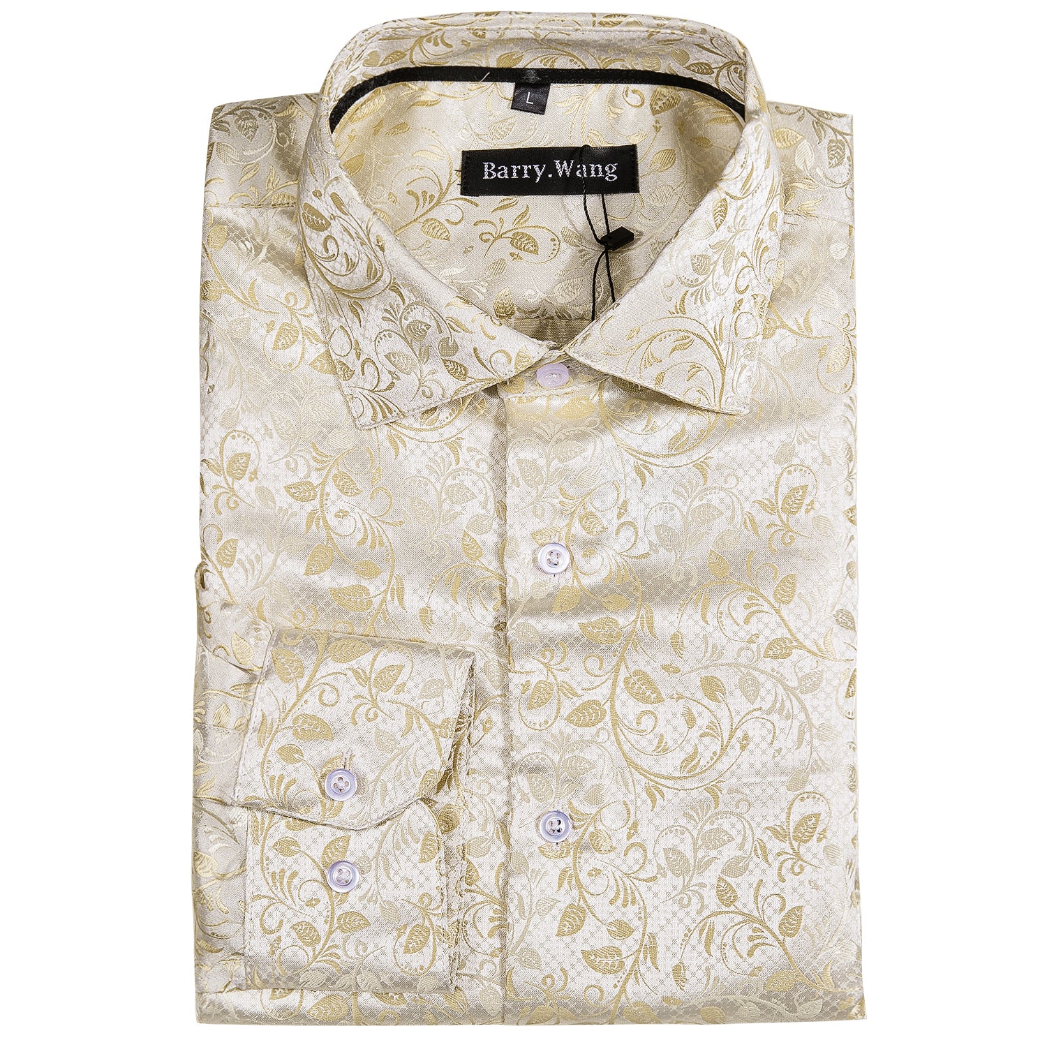 Barry. Wang Mens Champagne Formal Shirt Floral Wrinkle Free Long Sleeve Button Down Shirt, L