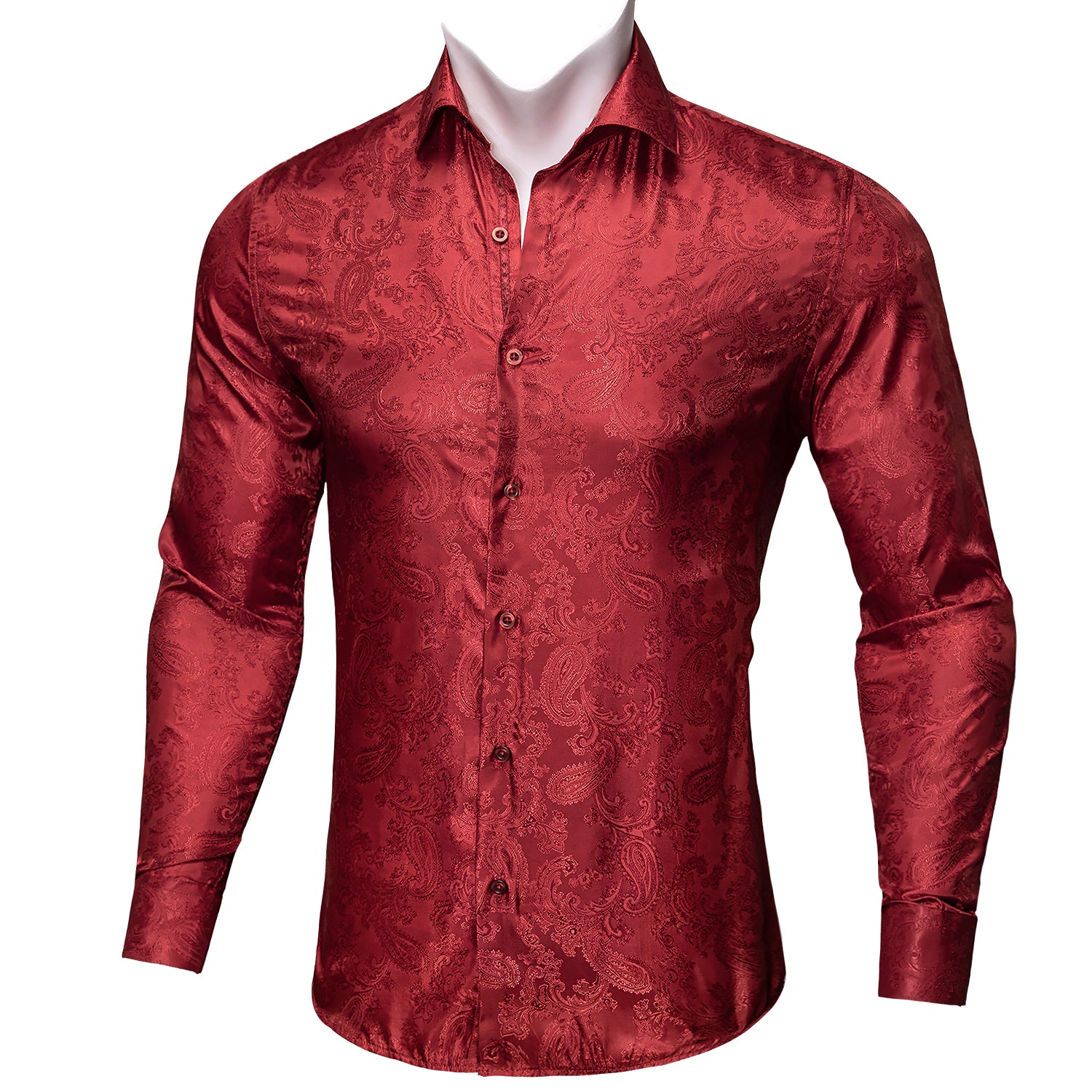 Barry.wang Fashionable Bright Red Paisley Long Sleeves Silk Shirt
