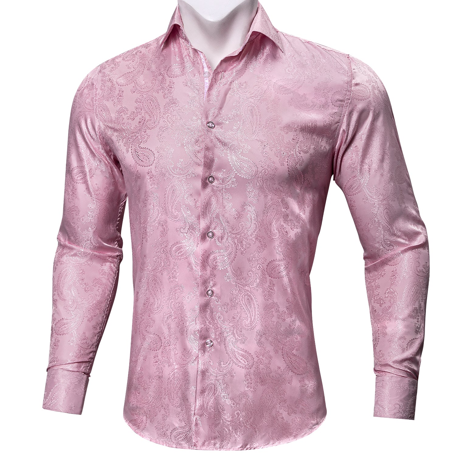 Barry.wang Fashion Pink Paisley Long Sleeves Silk Shirt