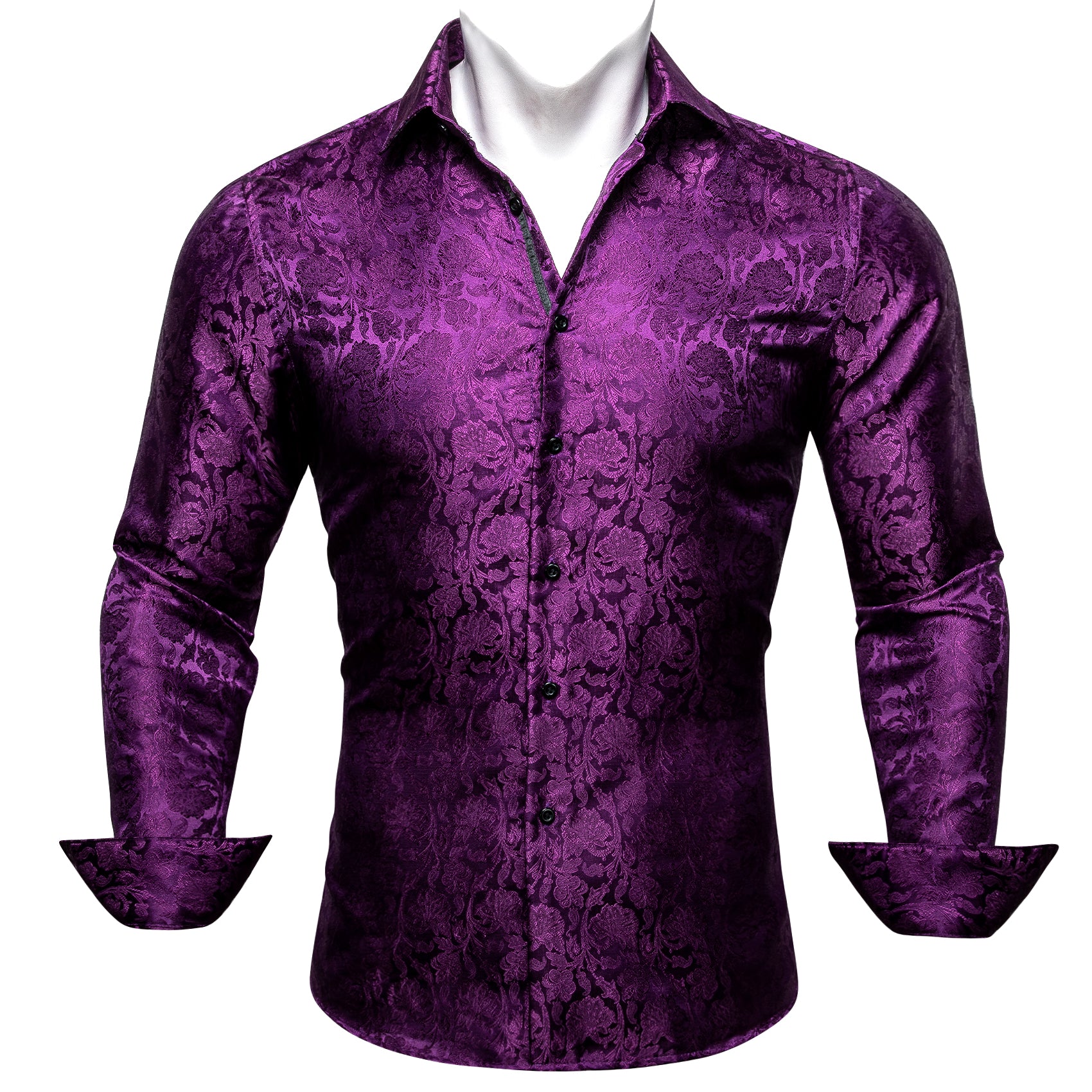 Barry.wang Purple Flower Silk Men's Long Sleeve Shirt