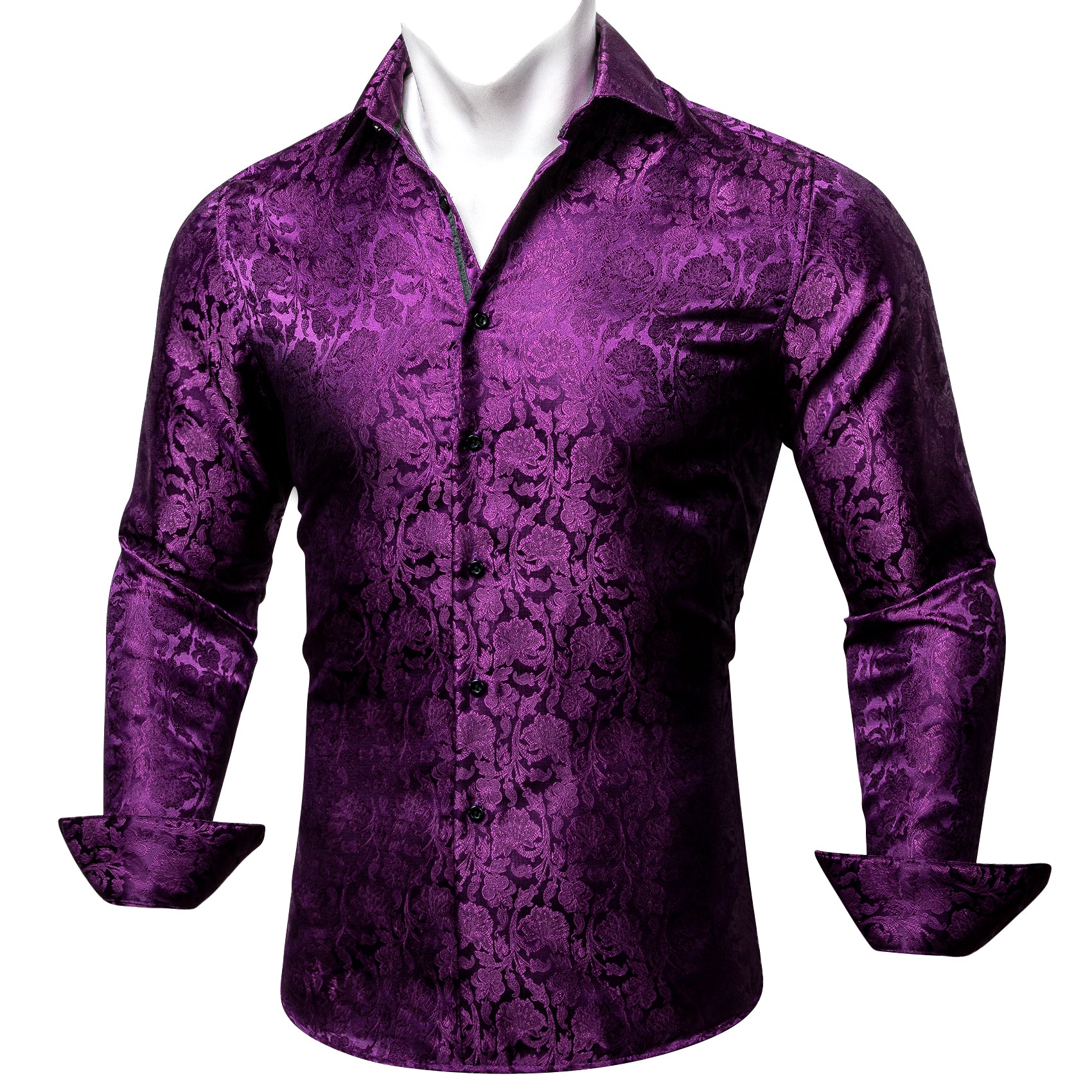 Barry.wang Purple Flower Silk Men's Long Sleeve Shirt