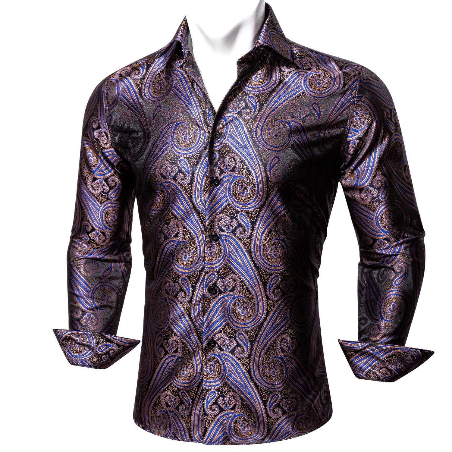Barry.wang New Purple Blue Silk Paisley Tribal Long Sleeve Daily Slim Fit Men's Shirt