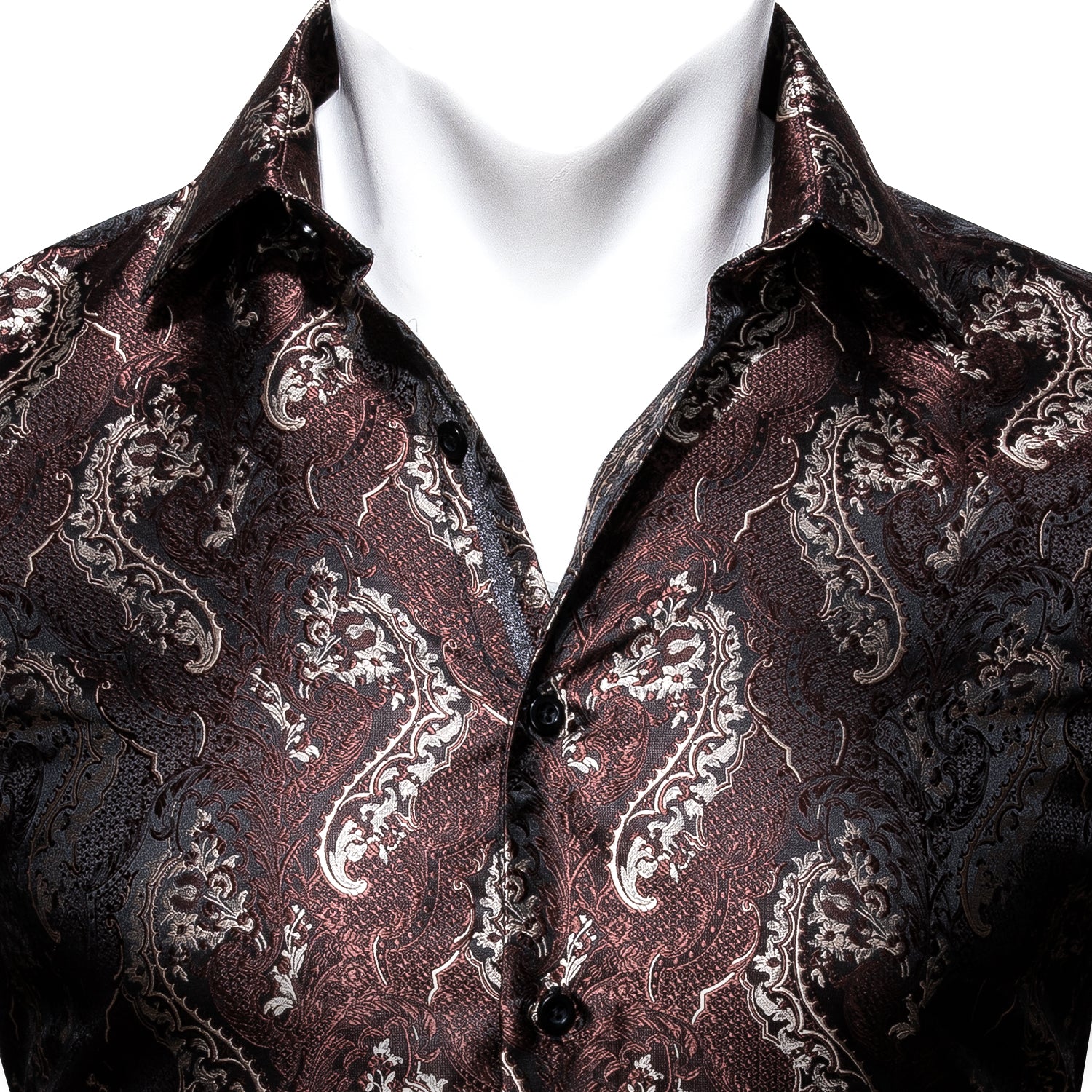 Barry.wang New Red Brown Silk Paisley Tribal Long Sleeve Daily Slim Fit Men's Shirt
