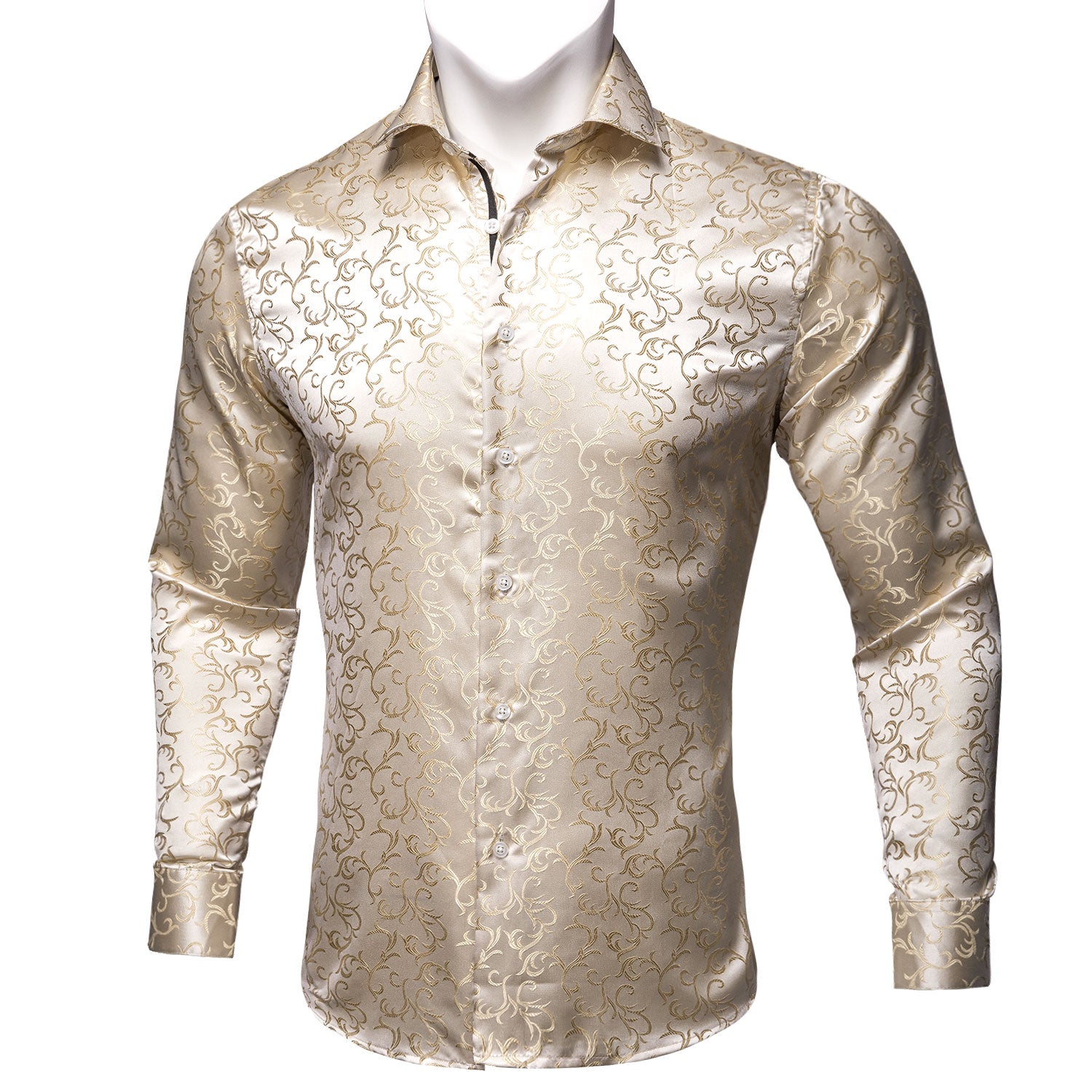Barry.wang Champagne Gold Paisley Silk Men's Long Sleeve Shirt