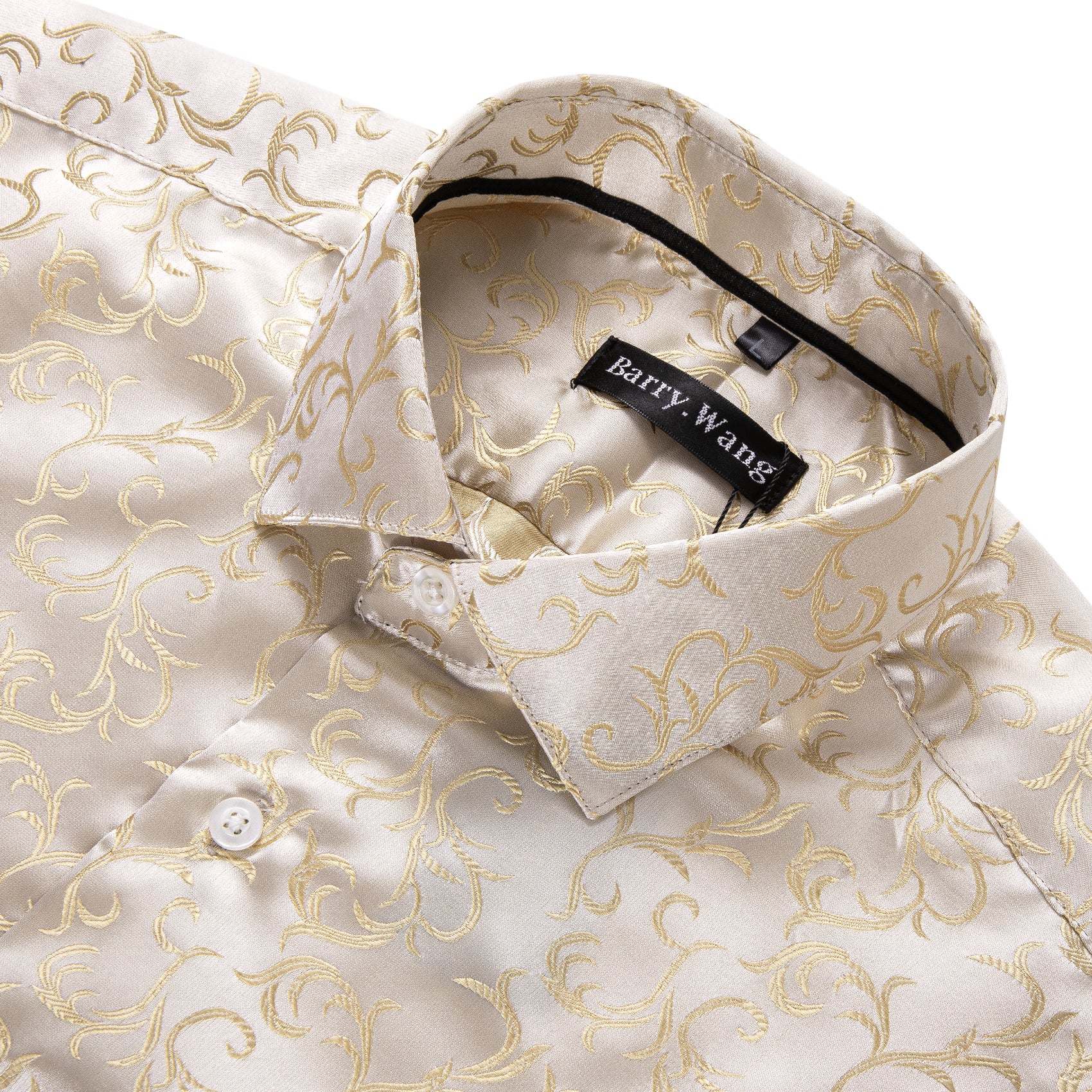 Barry.wang Champagne Gold Paisley Silk Men's Long Sleeve Shirt