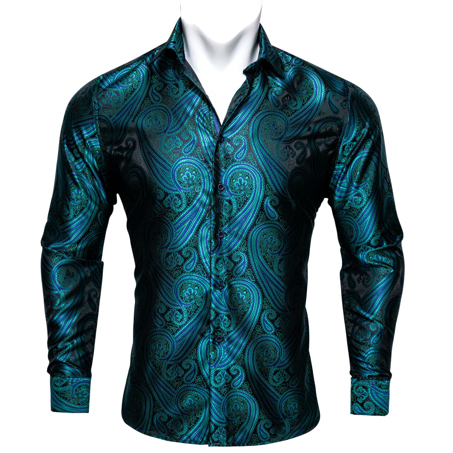 Barry.wang Blue Green Paisley Silk Men's Long Sleeve Shirt