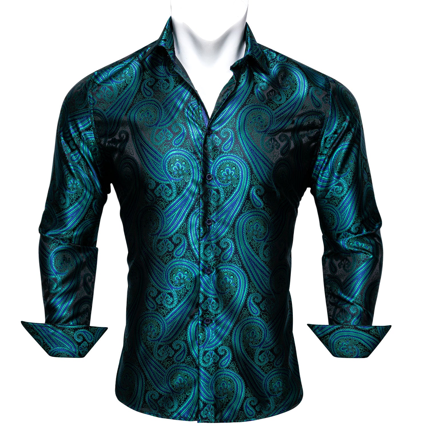 Barry.wang Blue Green Paisley Silk Men's Long Sleeve Shirt