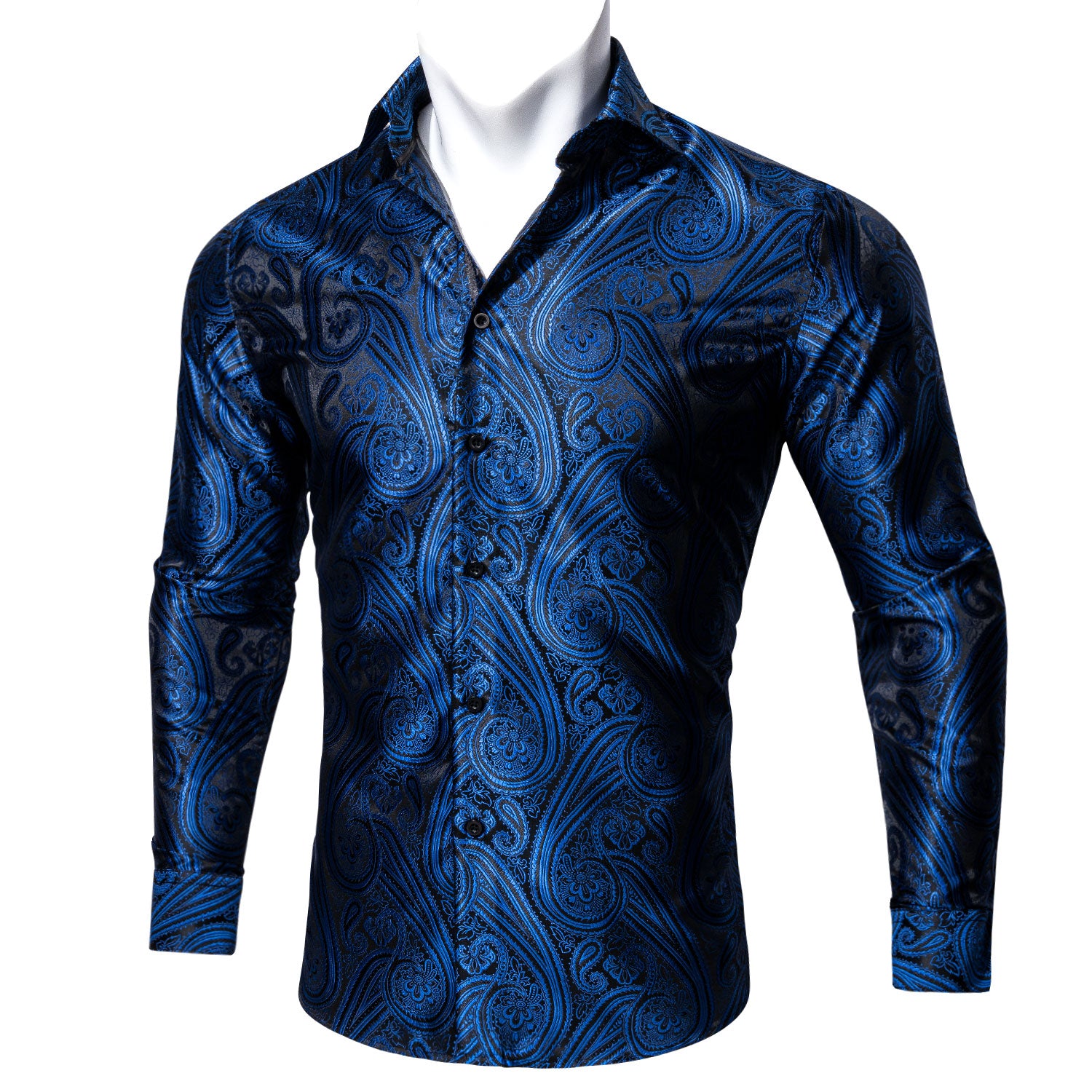 Barry.wang Deep Blue Paisley Silk Men's Long Sleeve Shirt