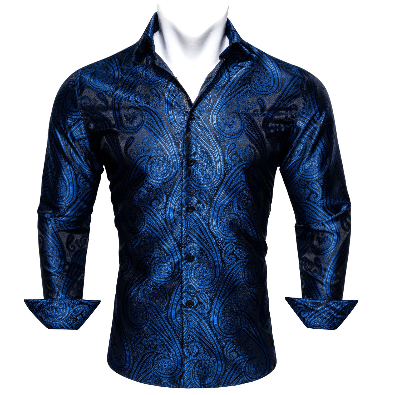 Barry.wang Deep Blue Paisley Silk Men's Long Sleeve Shirt