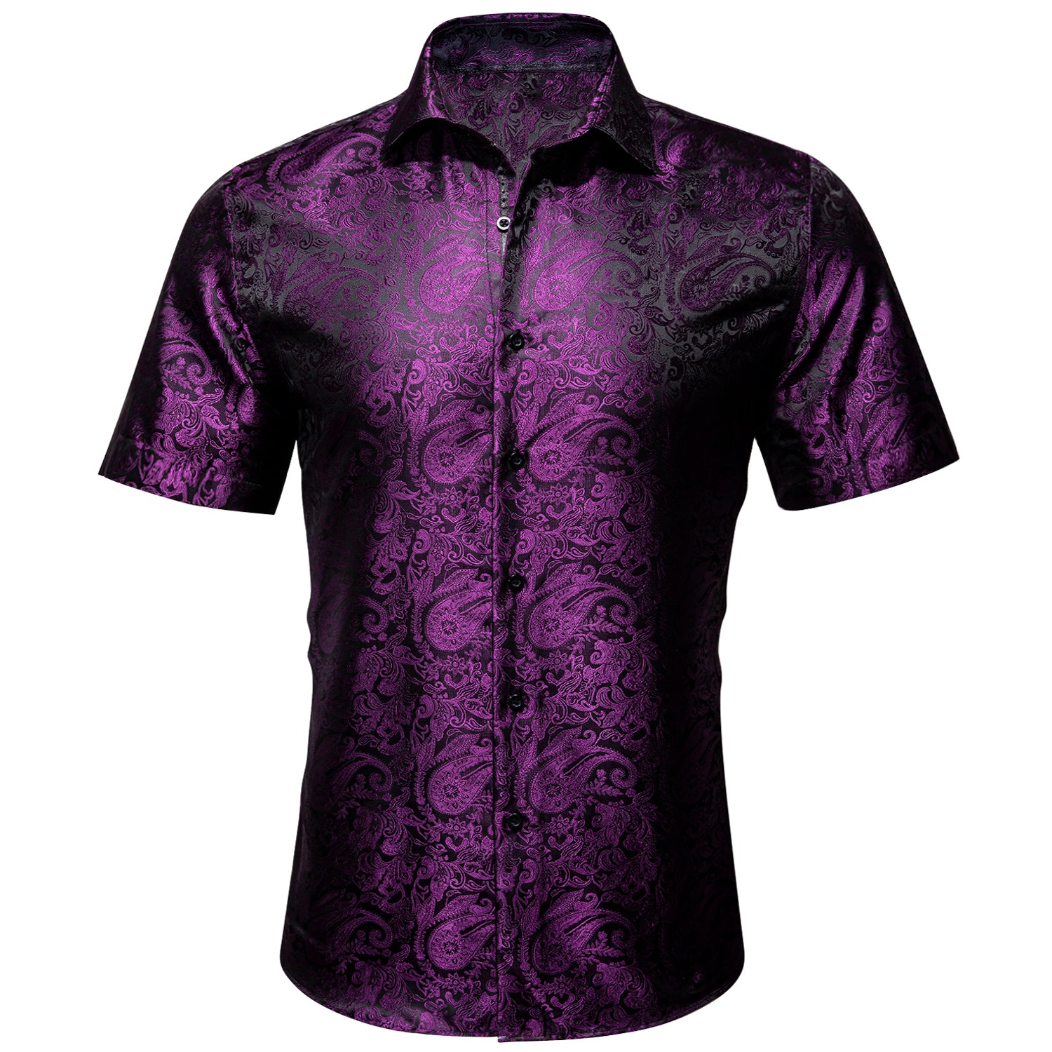 Barry.wang New Purple Silk Paisley Short Sleeve Daily Slim Fit Men's Shirt