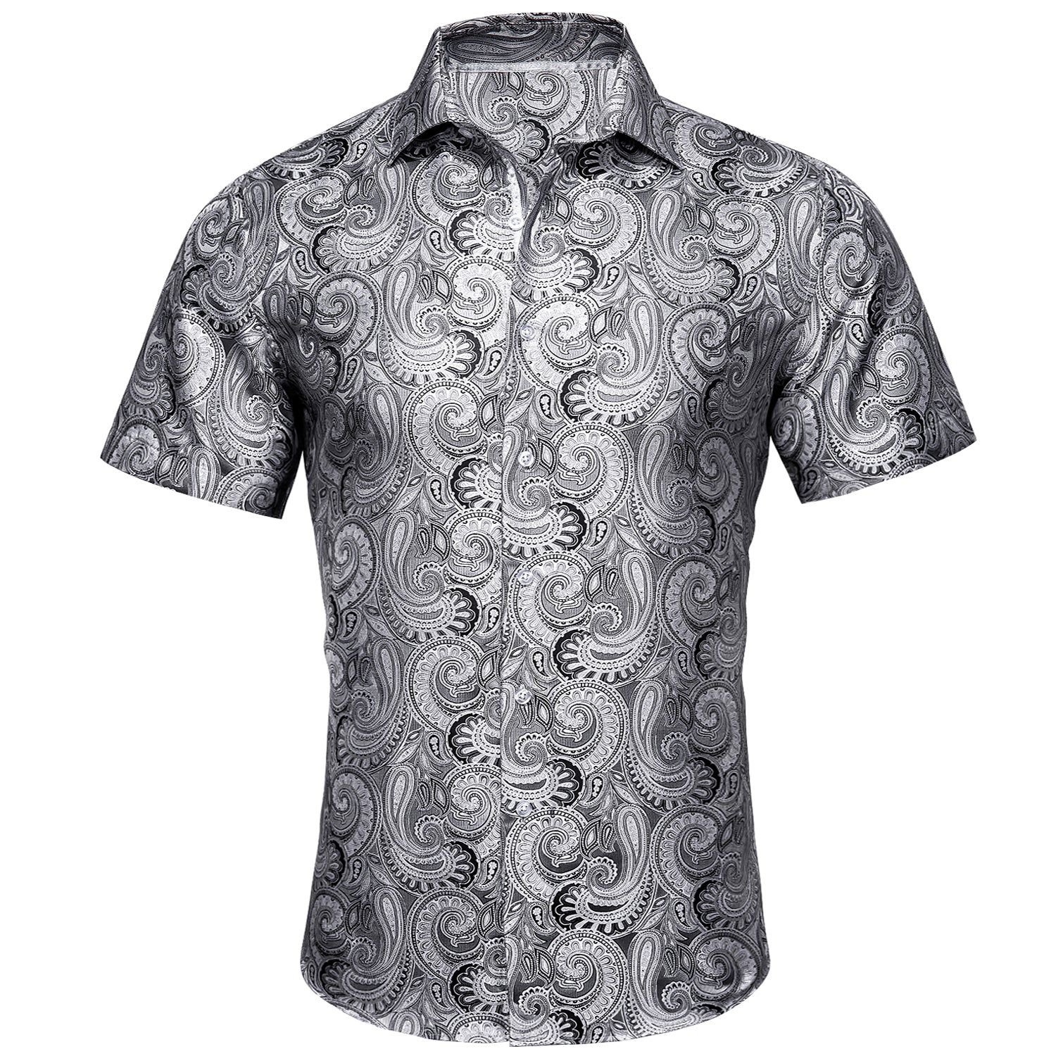Barry. Wang Silver Silk Paisley Tribal Short Sleeve Daily Slim Fit Men's Shirt