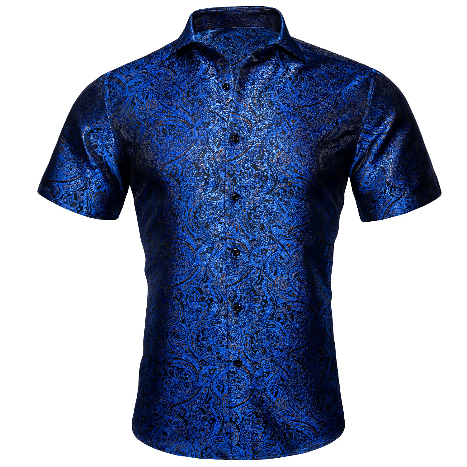 Barry.wang New Navy Blue Paisley Silk Short Sleeve Daily Slim Fit Men's Shirt