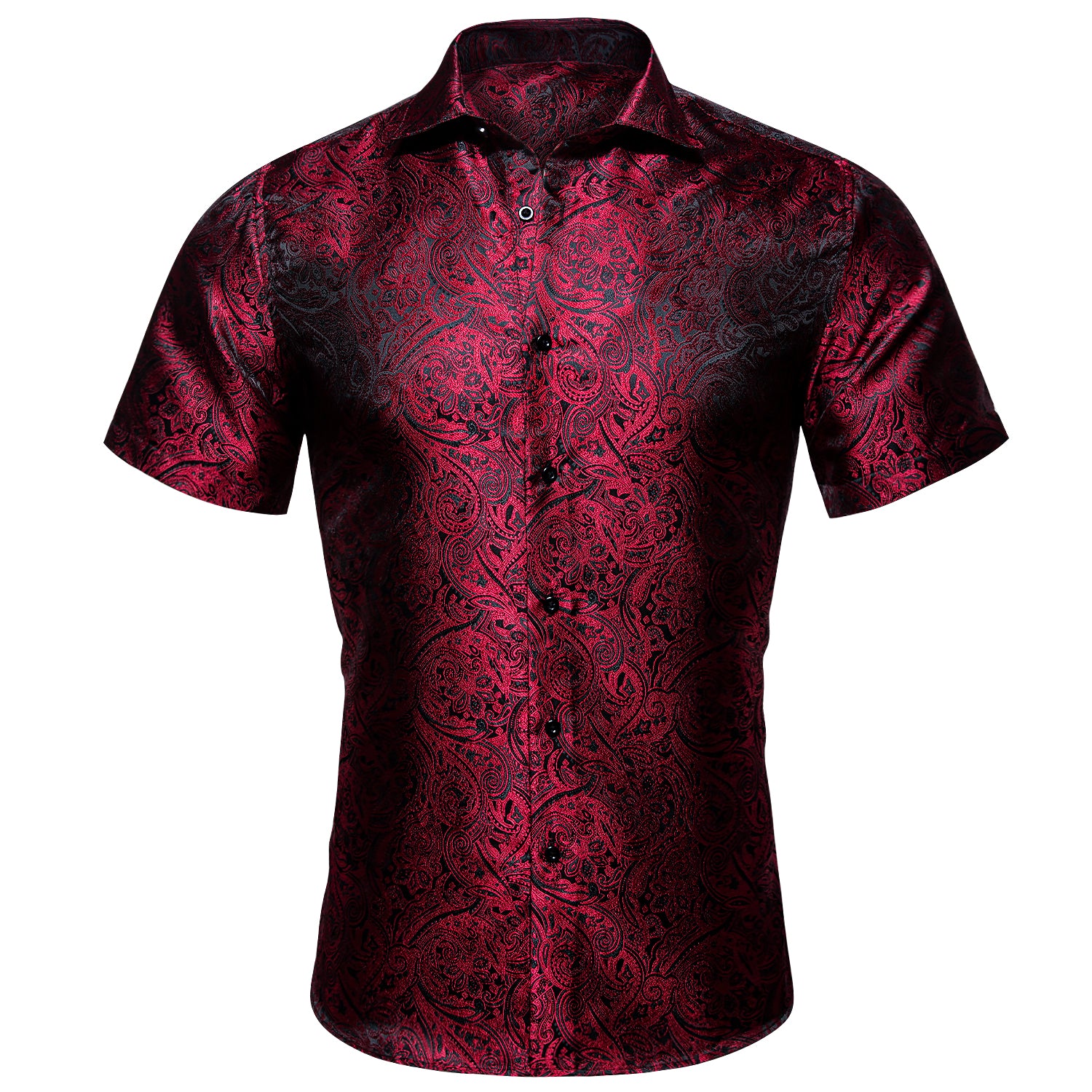 Barry.wang New Red Black Paisley Silk Short Sleeve Daily Slim Fit Men's Shirt