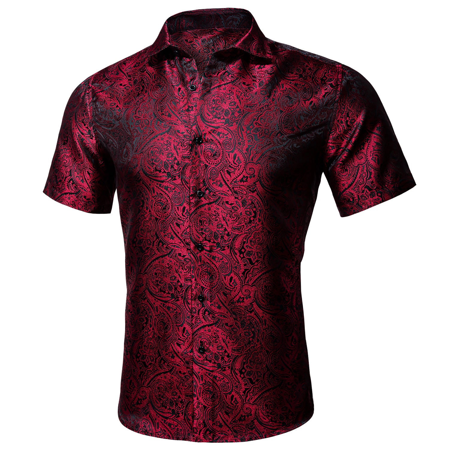 Barry.wang Men's Shirt Red Black Paisley Silk Short Sleeve Shirt