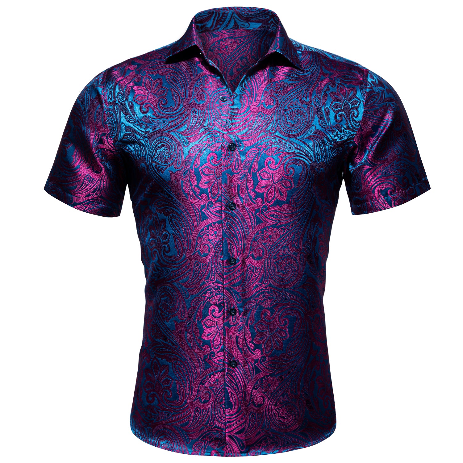 Barry. Wang Purple Blue Paisley Silk Short Sleeve Daily Slim Fit Men's Shirt