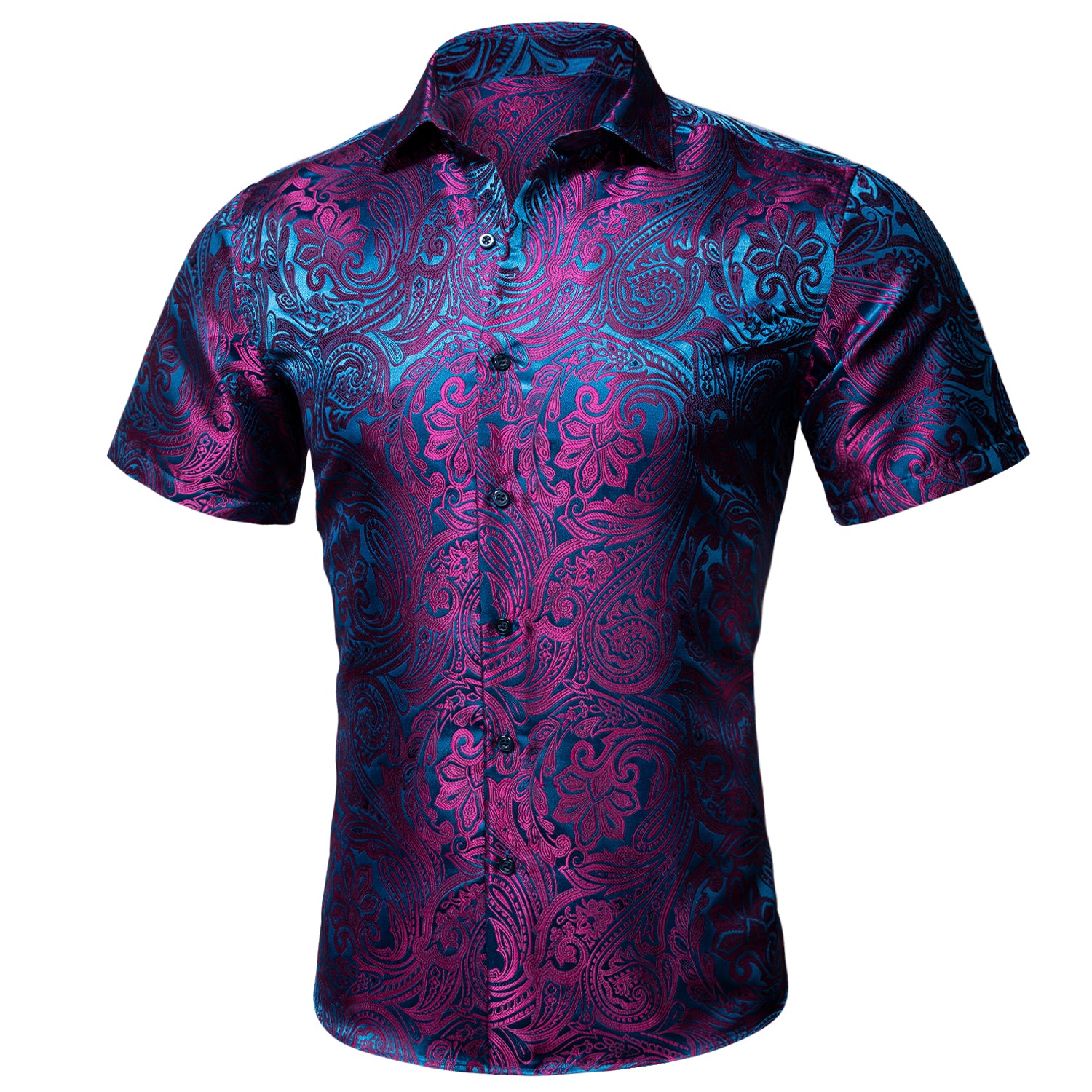 Barry. Wang Purple Blue Paisley Silk Short Sleeve Daily Slim Fit Men's Shirt