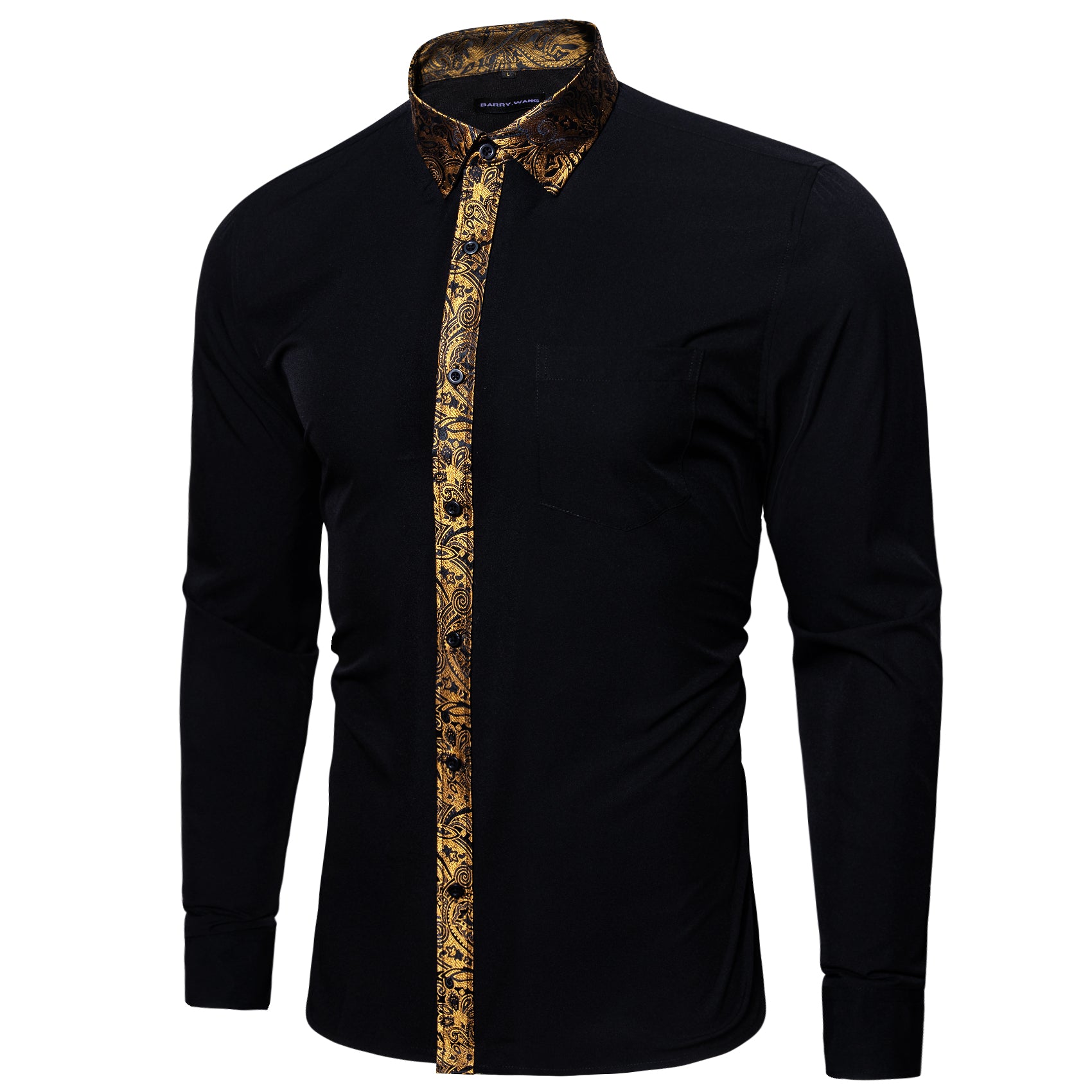 Barry.wang Button Down Shirt Black Golden Splicing Men's Business Shirt