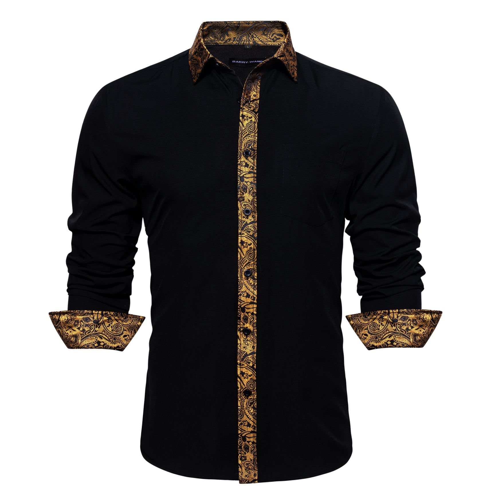 Barry.wang Button Down Shirt Black Golden Splicing Men's Business Shirt