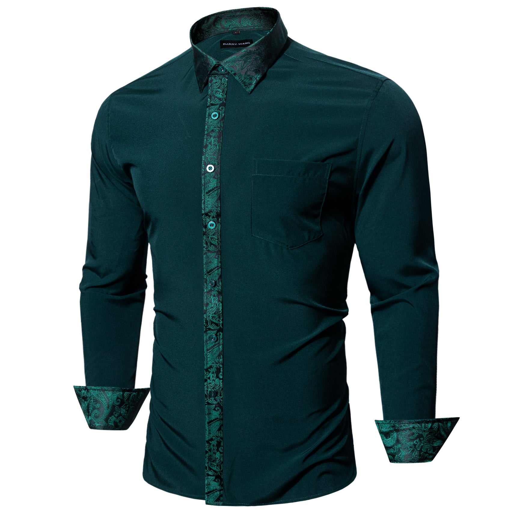 Barry.wang Button Down Shirt Dark Green Splicing Men's Dress Shirt Formal Business