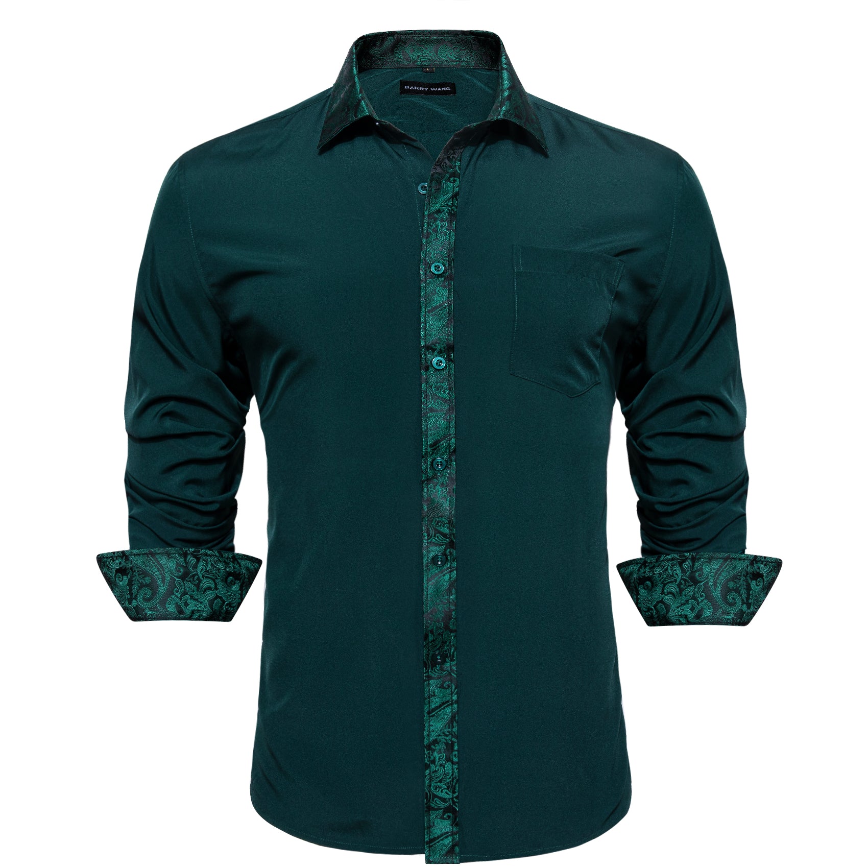 Barry.wang Button Down Shirt Dark Green Splicing Men's Dress Shirt Formal Business