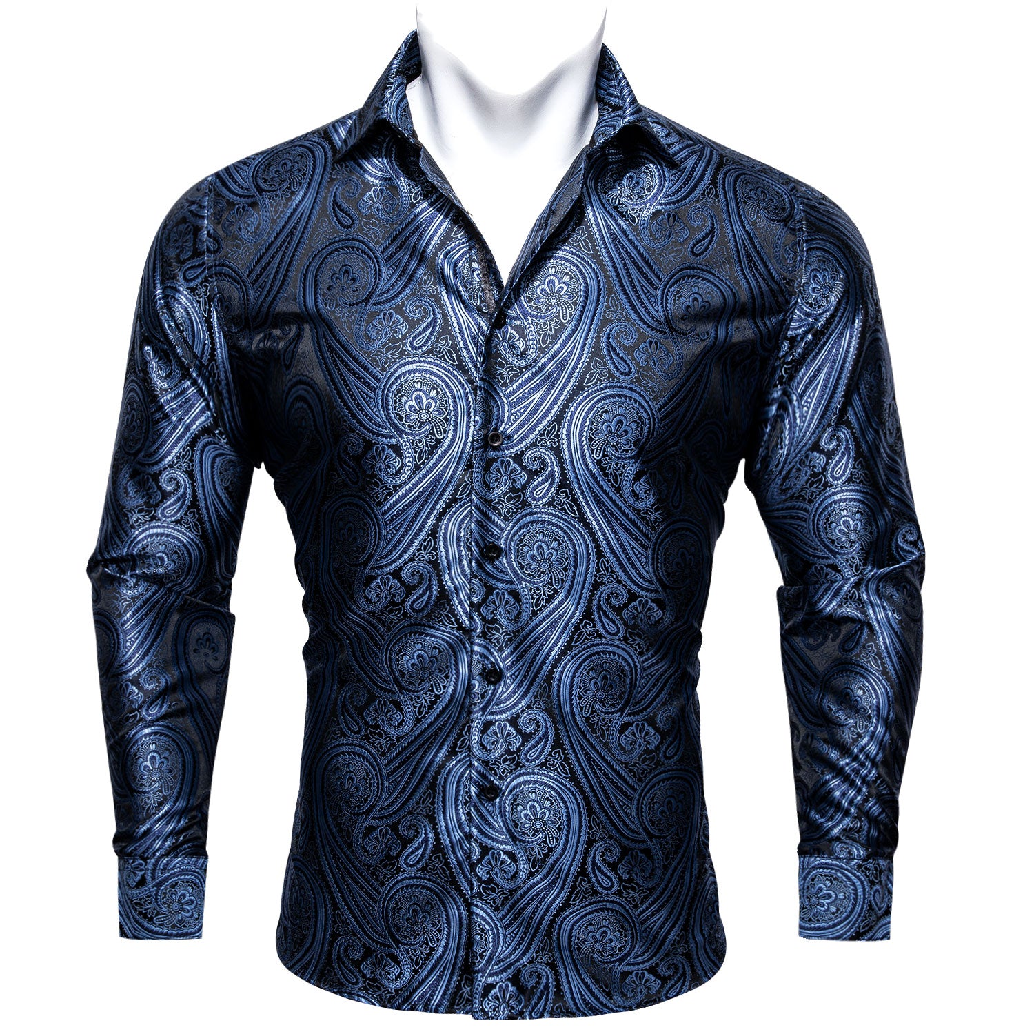 Barry.wang Blue Black Paisley Silk Men's Long Sleeve Shirt