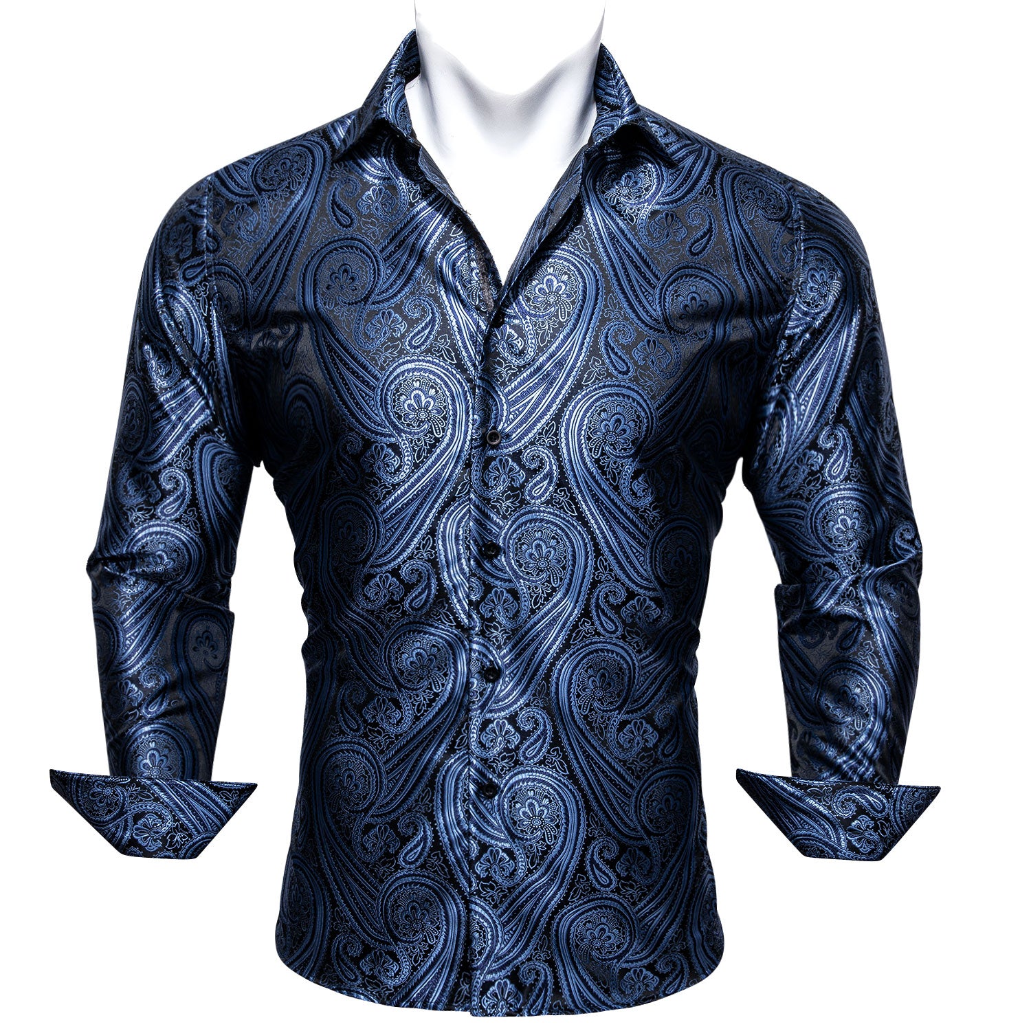 Barry.wang Blue Black Paisley Silk Men's Long Sleeve Shirt