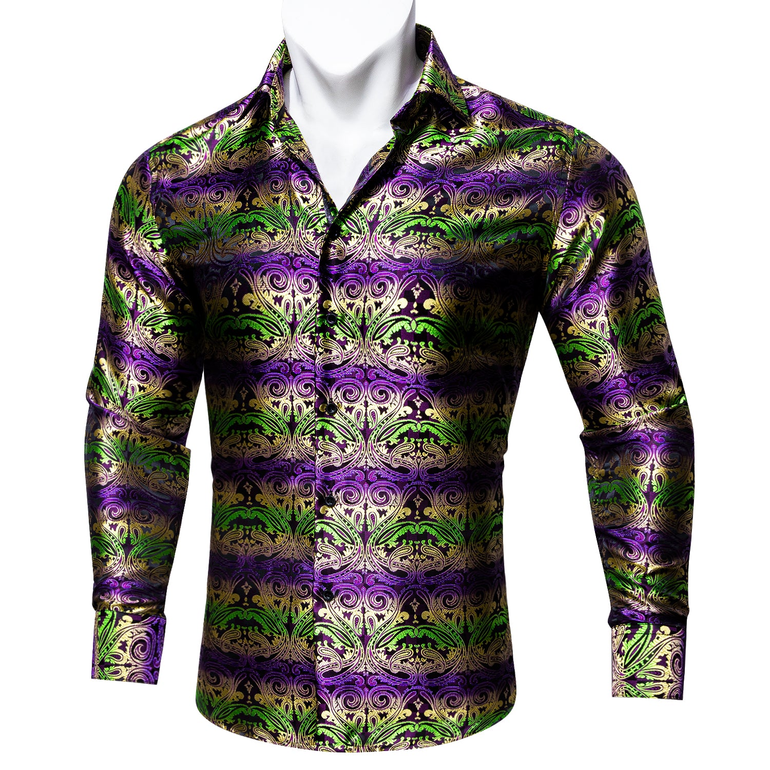 Barry.wang Purple Green Paisley Silk Men's Long Sleeve Shirt